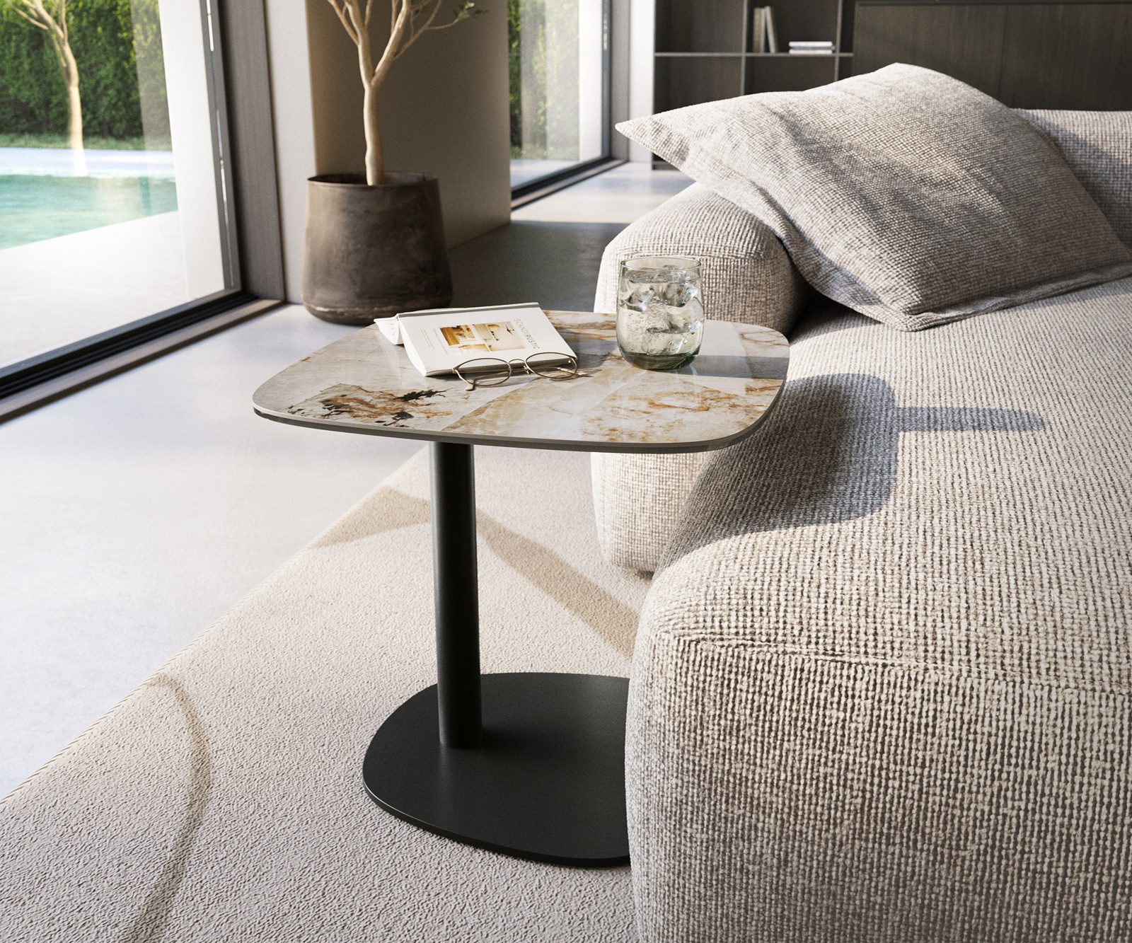 DELIFE Couchtisch Edge, Boot 50x50 cm Keramik Patagonia Poliert Eleny Metall Schwarz
