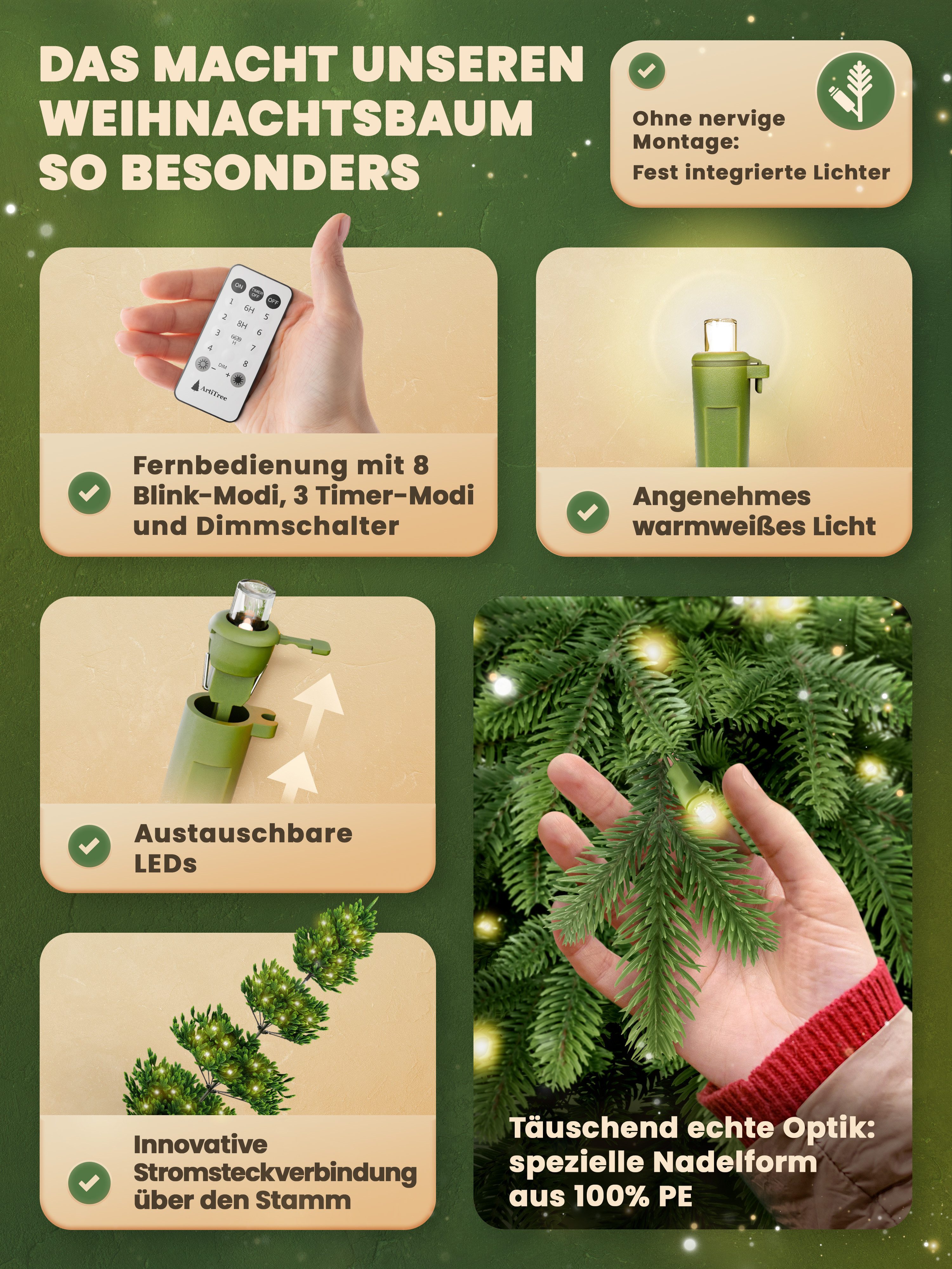 ArtiTree Künstlicher Weihnachtsbaum Künstliche Nordfichte mit LED – Weihnachtsbaum naturgetreu