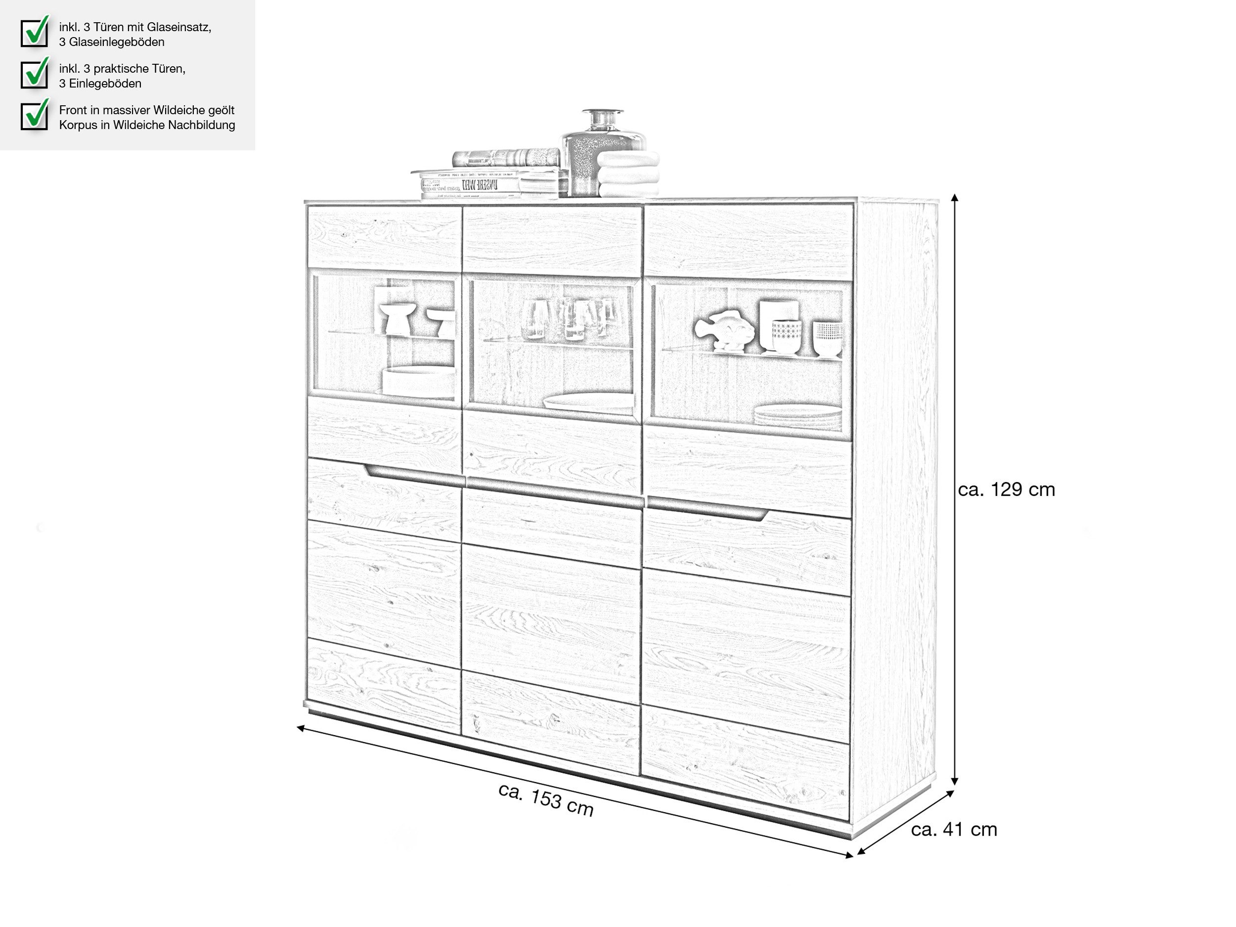Massivart® Highboard 153 cm Breite Massivholz Wildeiche geölt »ARAYA«, 3 Glastüren · 3 Drehtüren · 6 Einlegeböden · schwarze Griffmulden – Bild 4 von 5