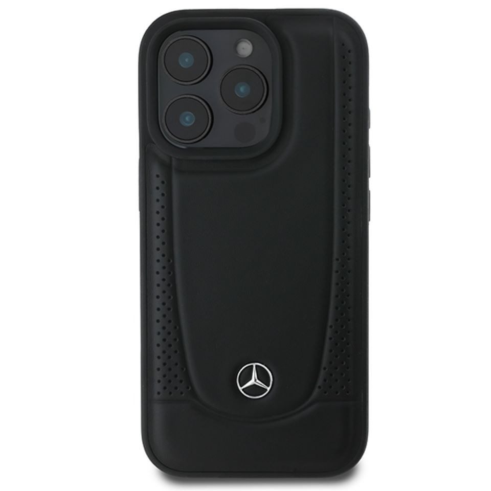 Mercedes Benz Handyhülle iPhone 16 Pro Echtleder schwarz Logo Metall 6,3 Zoll, Kantenschutz
