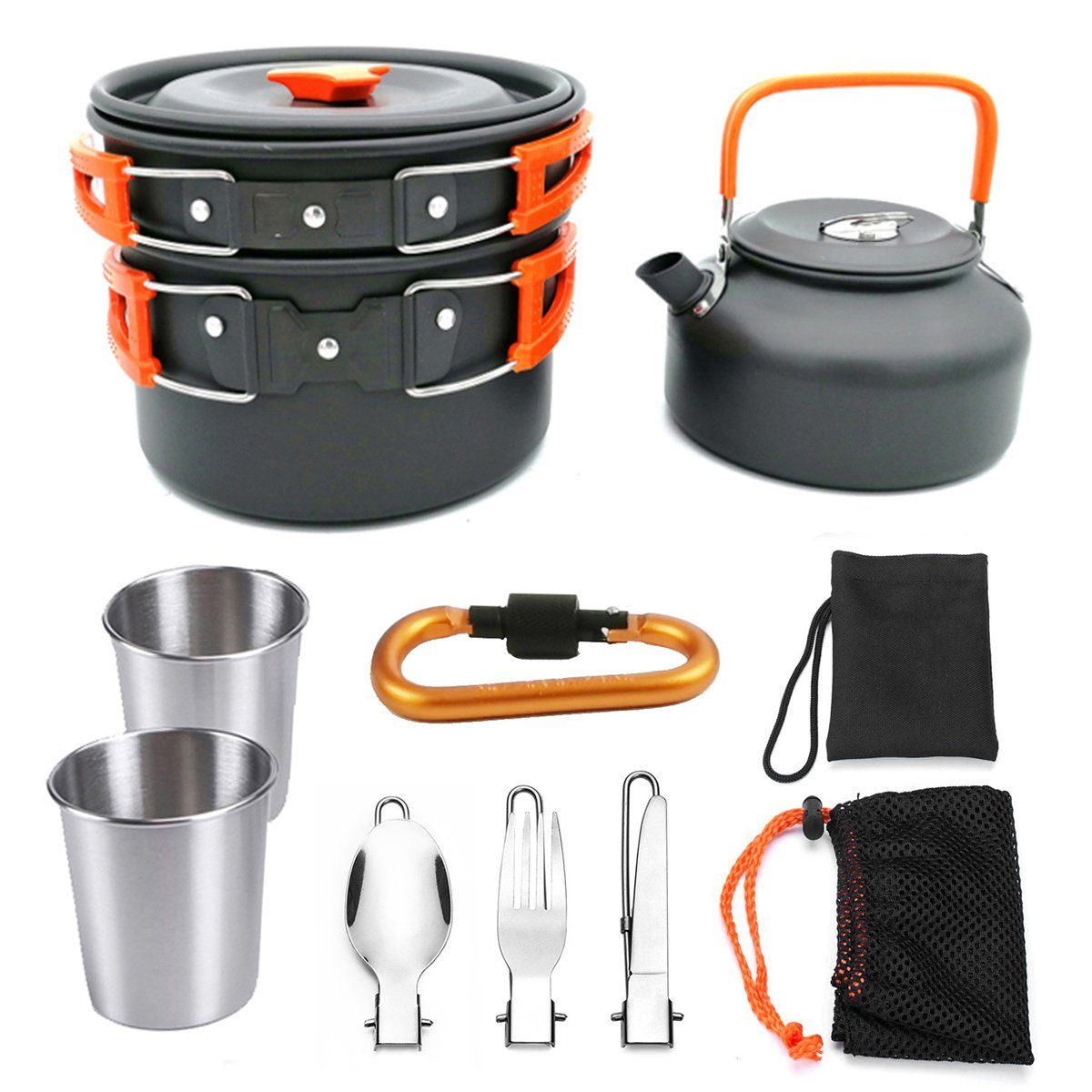 Orange Set Camping Kochset XDeer Kochgeschirr Topf 2-3Person, Kochtopf Camping Set Campinggeschirr Kochtopf Kochgeschirr