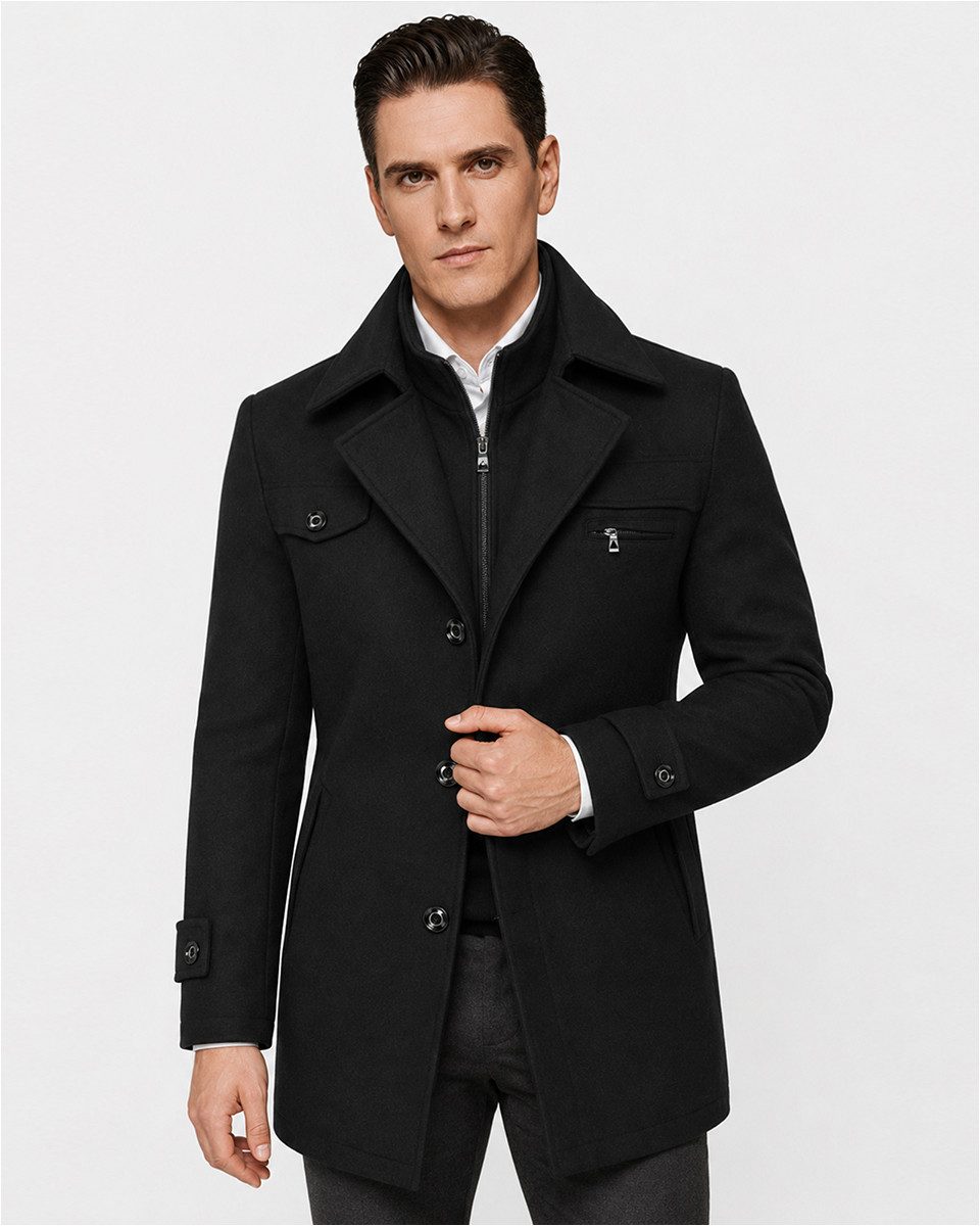 Allthemen Kurzmantel mit abnehmbarem Doppelkragen Wintermantel Herren vintage Wollmantel