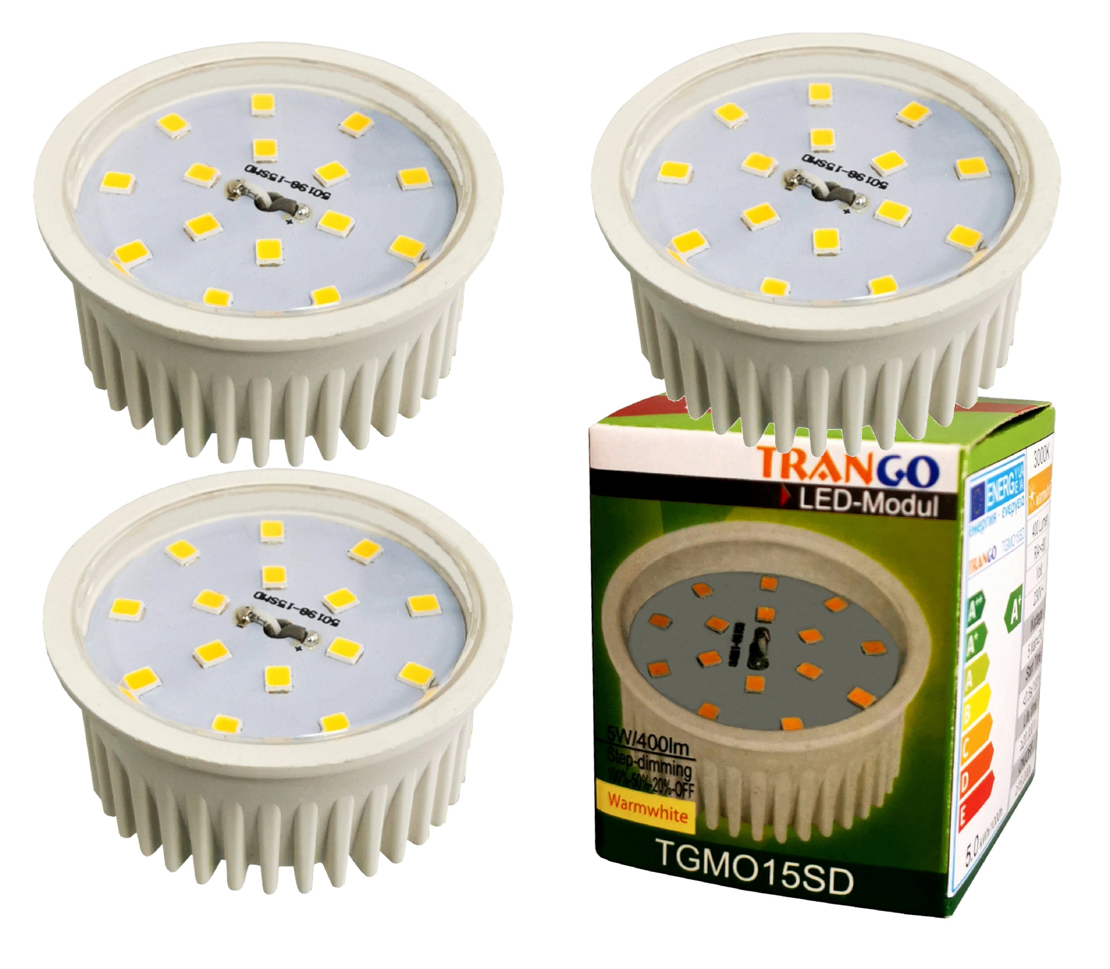 TRANGO LED Einbaustrahler, 3er Pack MO15SD-3 Ultra flach 5Watt 3 Stufen dimmbar LED Modul 3000K warmweiß zum Austauschen GU10 & MR16 Halogen Leuchtmittel, für Einbauleuchten, Deckenstrahler, Deckenleuchte, Spots | Strahler