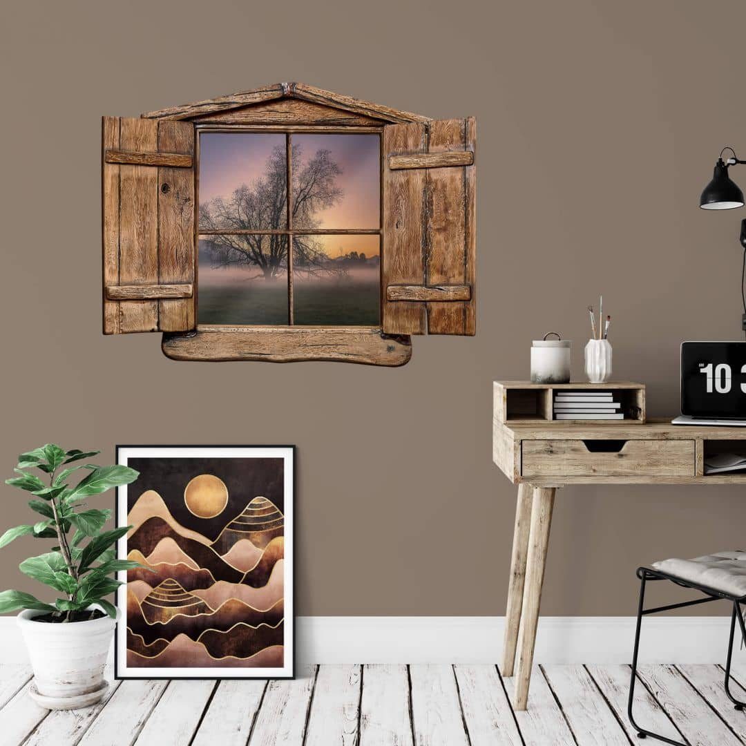 K&L Wall Art Wandtattoo 3D Wandtattoo Aufkleber Cuadrado Landhaus Vintage Baum des Lebens Wald, Holzfenster Wandbild selbstklebend