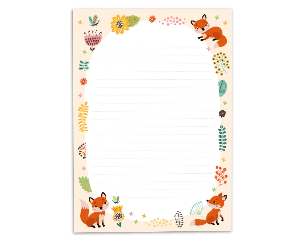 JUNAPACK Briefpapier Set Kinder Briefblock A5 mit Umschlägen Notizblock Papier Fuchs Tiere, Kinder-Briefpapier A5 mit 15 Umschlägen, liniert & leicht beschreibbar