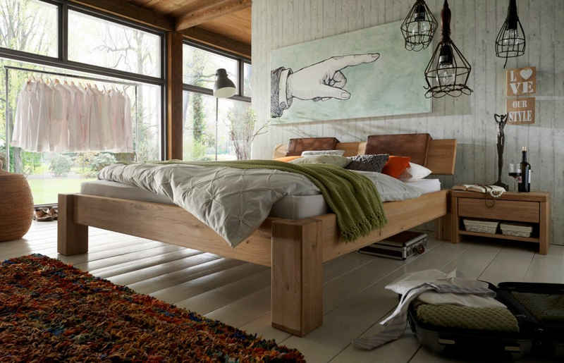 Natur24 Einzelbett Bett Viborg 100x200cm Wildeiche Bianco mit Kopfteil und 1 Hängekissen