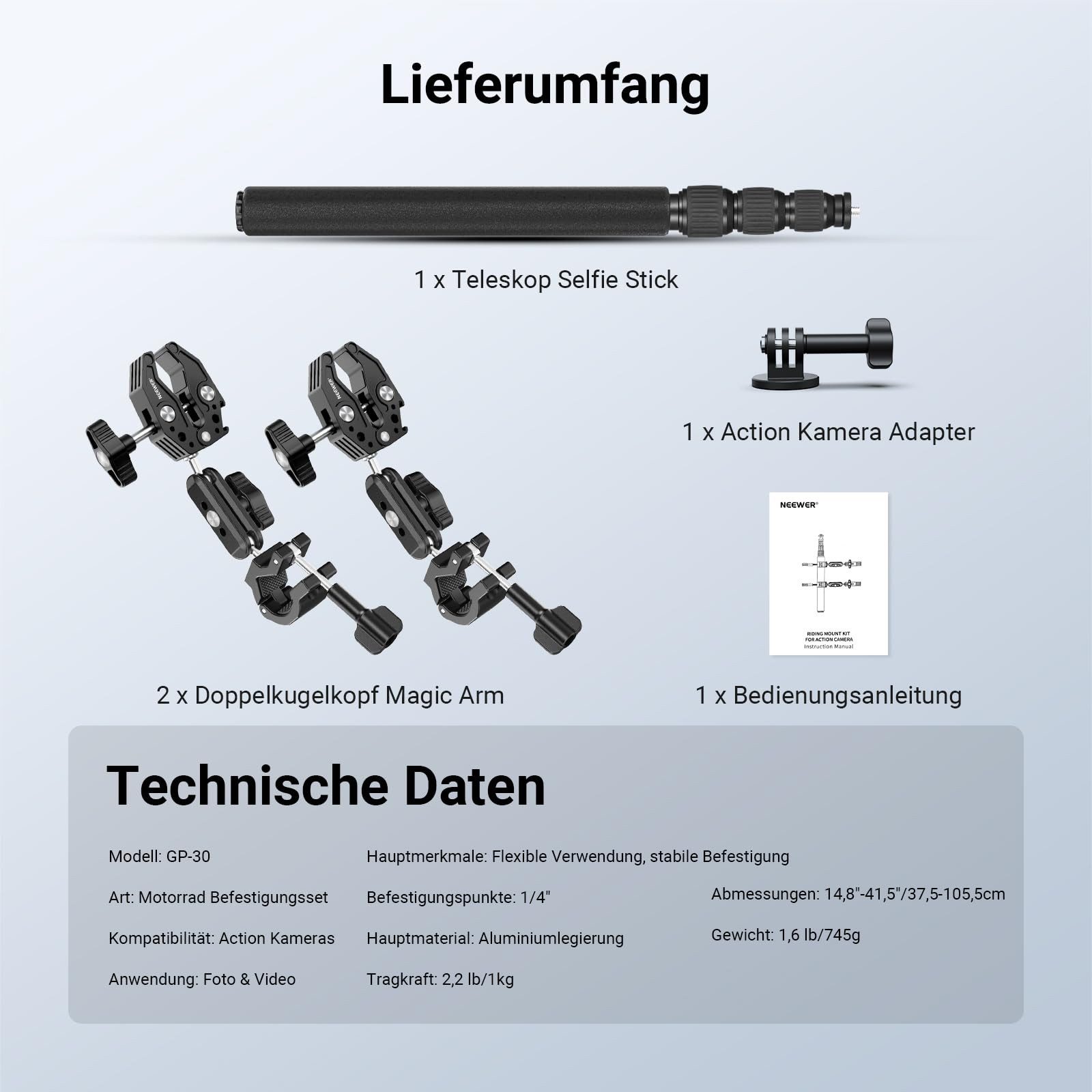 Neewer Action Cam-Halterung GP-30 Motorrad Halterung Zubehör Set für GoPro Insta360 DJI, (Packung, 1-tlg., Doppel Klemmenhalterung, unsichtbarer Selfie Stick, für POV Video)