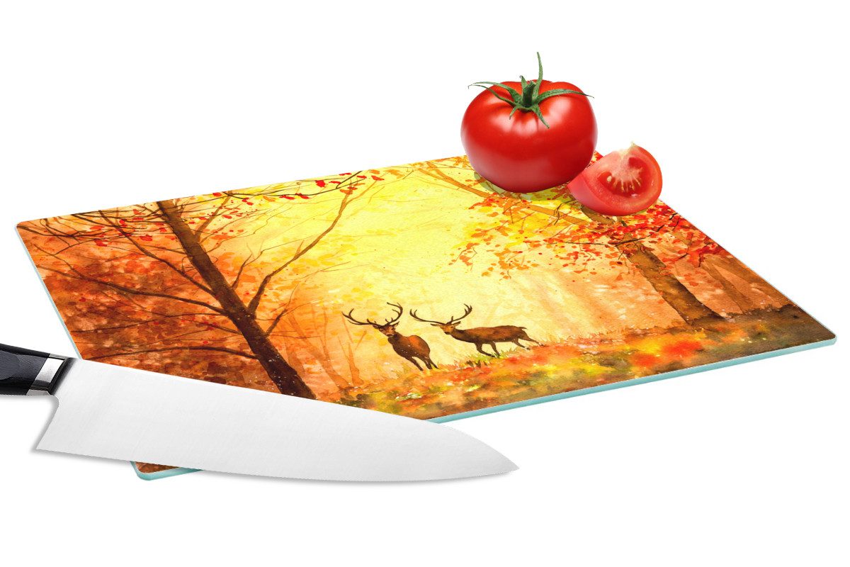 MuchoWow Schneidebrett Natur - Ölfarbe - Hirsche - Tiere - Herbst - Orange, Glas, Schneidebrett Glas, Küchenbrett, Rutschfest, 28x20 cm