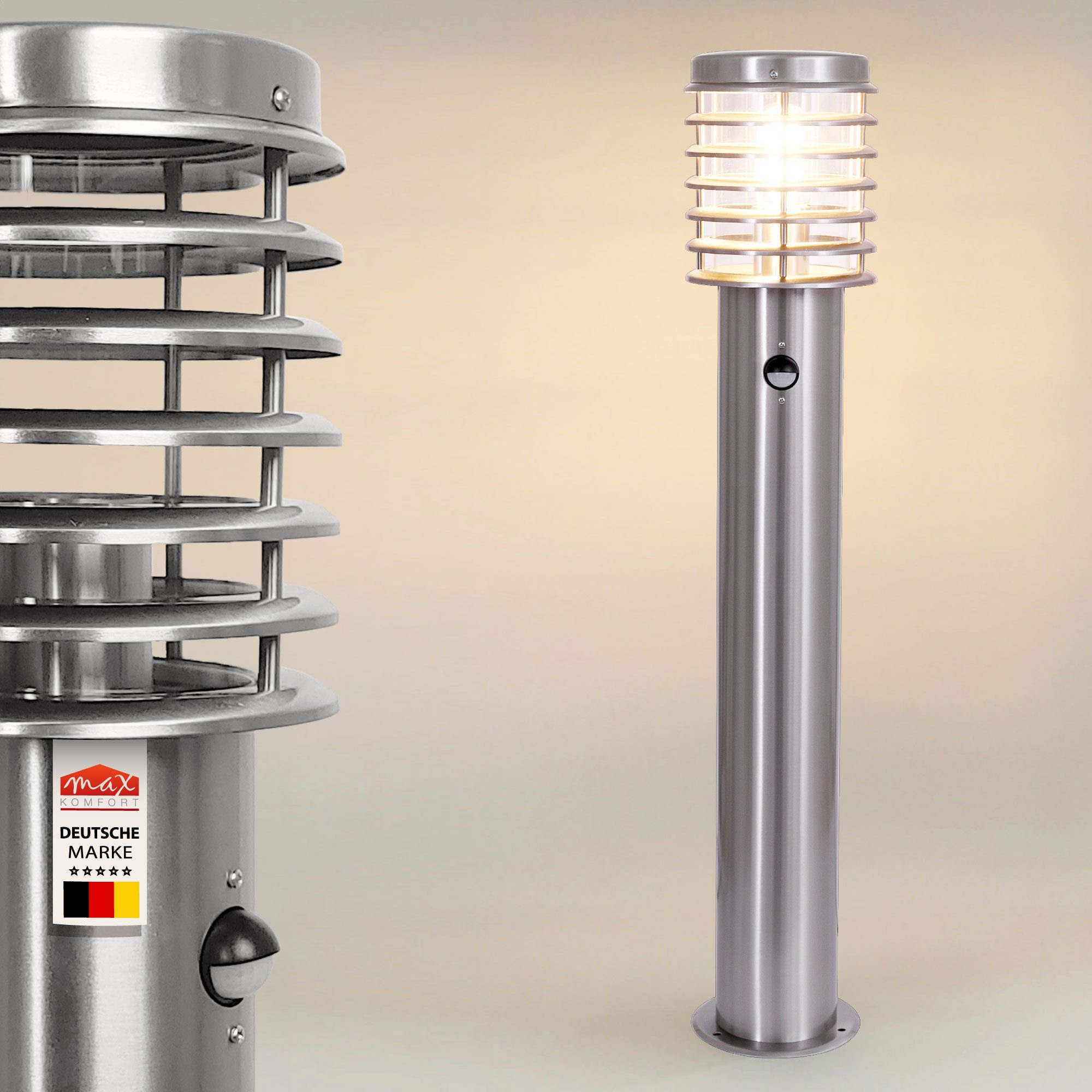 Maxkomfort Außen-Stehlampe 252D-800, mit Bewegungsmelder, ohne Leuchtmittel, Außenstandleuchte asu Edelstahl und Glas mit E27 Fassung