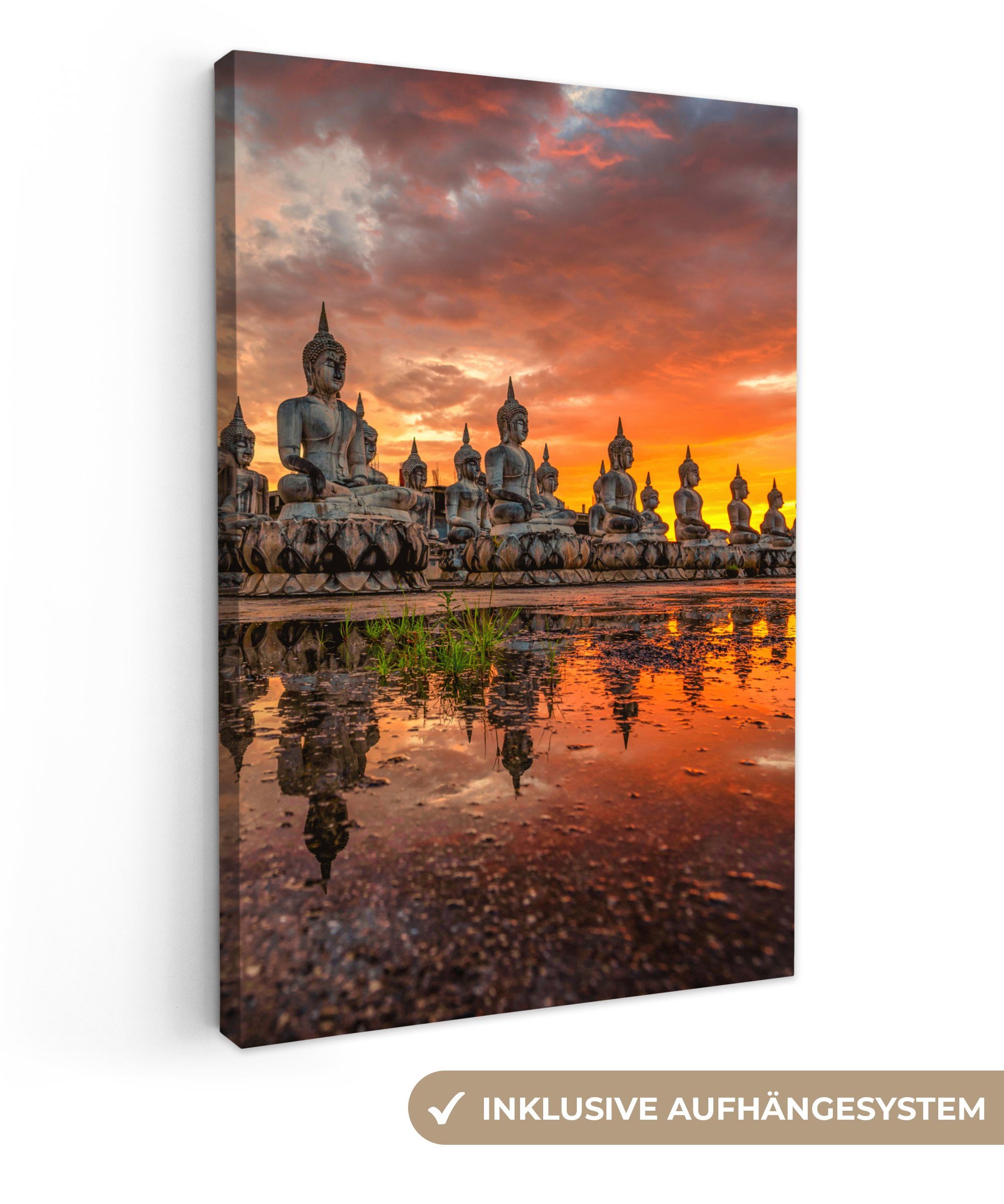 OneMillionCanvasses® Leinwandbild Buddha-Statuen - Sonnenuntergang - Wasser günstig online kaufen