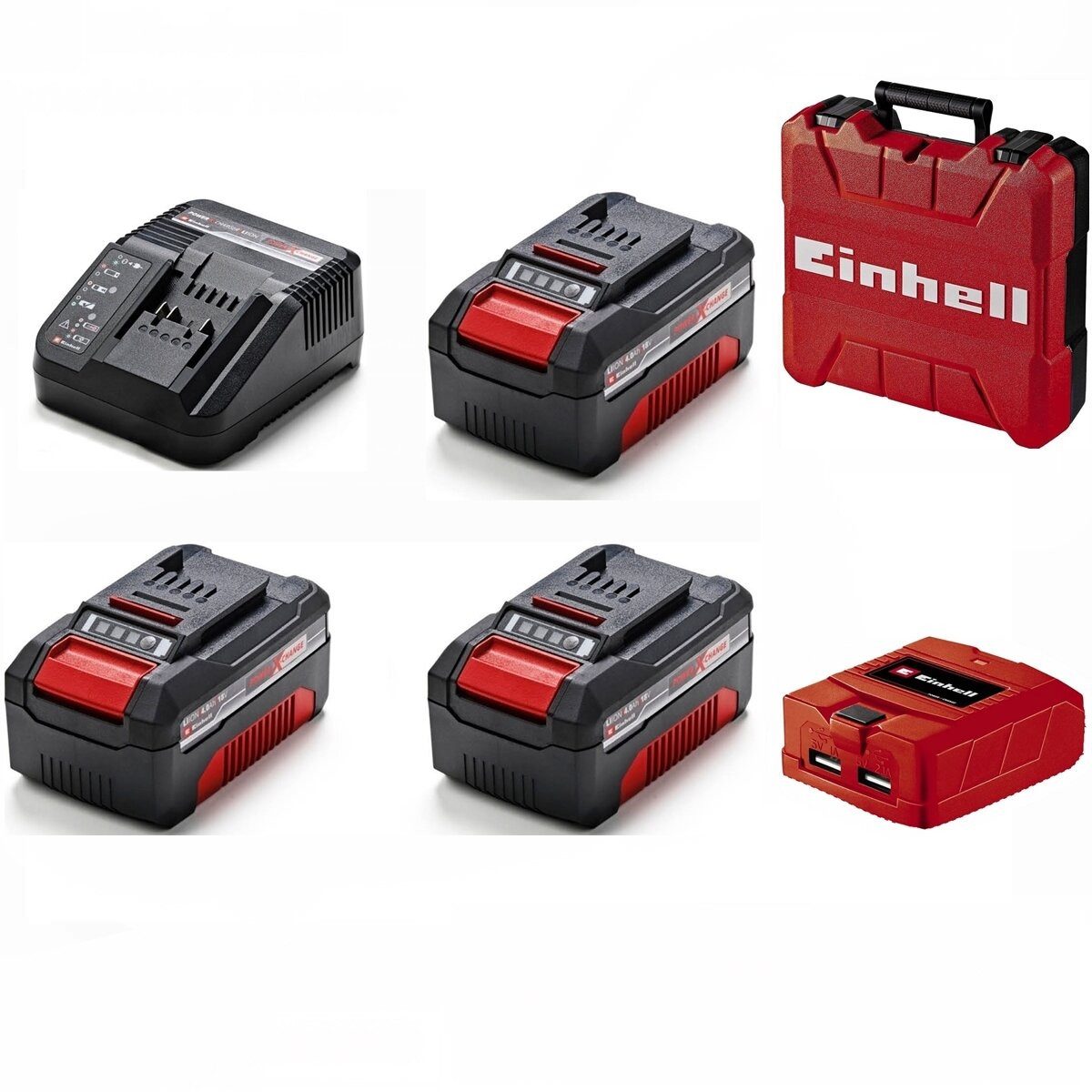 Einhell 3 x Original Einhell 4,0 Ah Akku, Ladegerät, 18V Koffer, USB Adapter Akku Starter-Set (4 St)