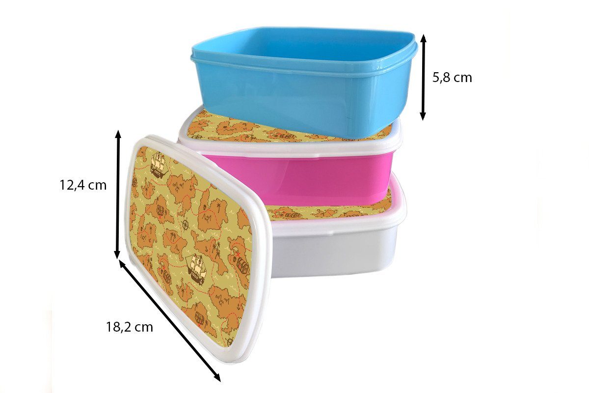 MuchoWow Lunchbox Schatzkarte - Mädchen, Kunststoff, (2-tlg), Brotdose Kinder, Piraten Kinder, Kunststoff rosa - Brotbox für - Muster Snackbox, Erwachsene