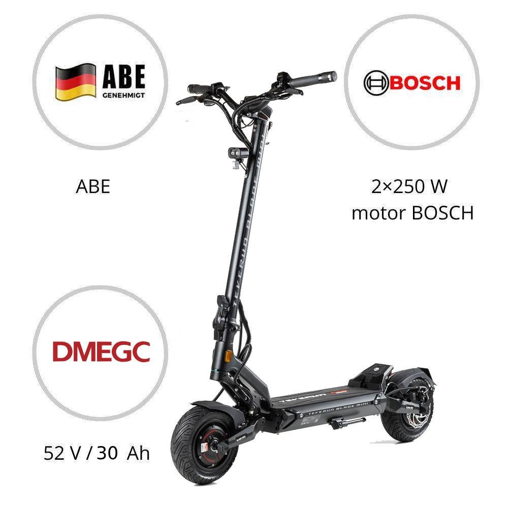 TEVERUN E-Scooter Teverun Blade Mini Ultra eKFV E-Scooter mit Straßenzulassung, 20 km/h, (Packung), 30Ah DMEGC, 2×250W Bosch, ABE, Federung, APP