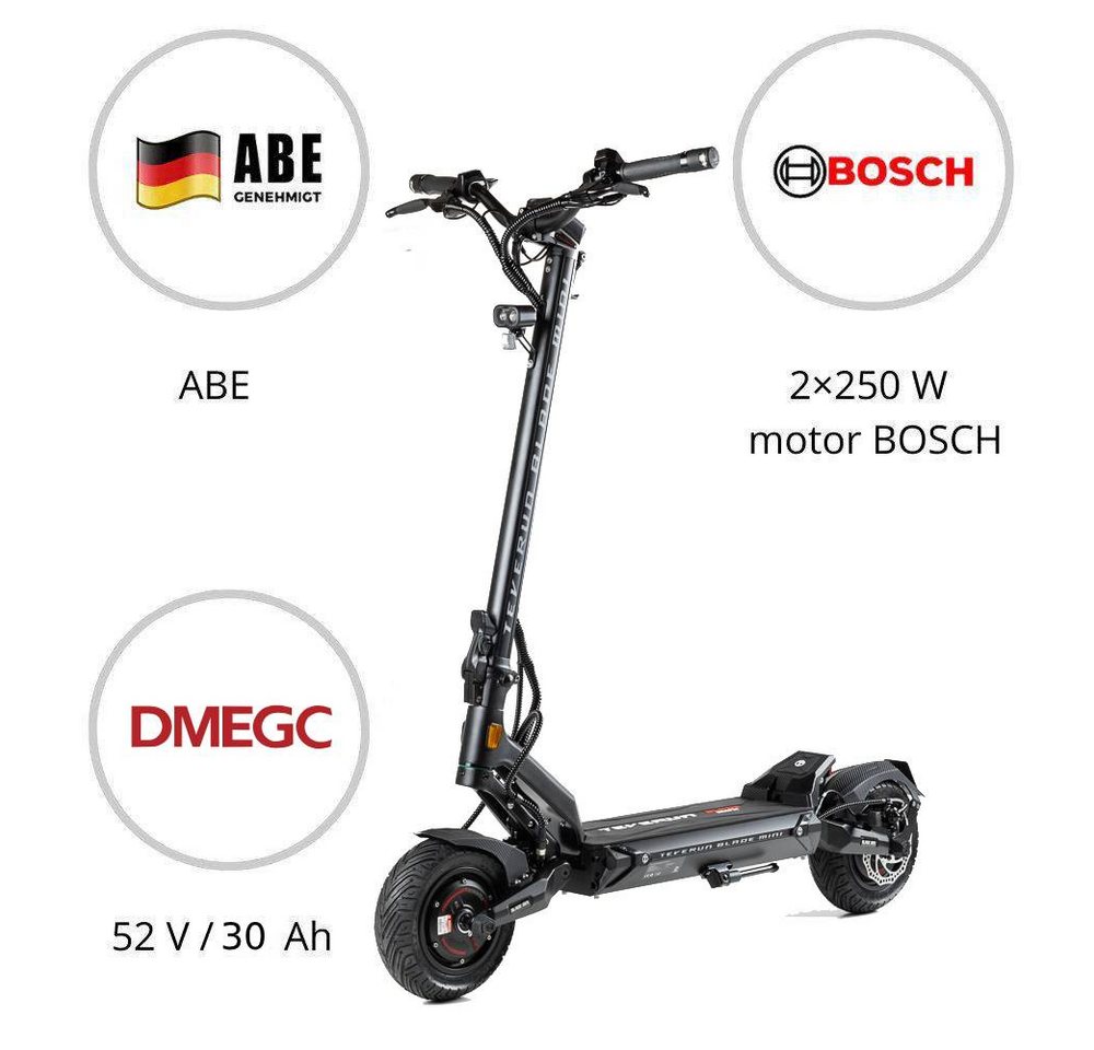 TEVERUN E-Scooter Teverun Blade Mini Ultra eKFV E-Scooter mit Straßenzulassung, 20 km/h, (Packung), 30Ah DMEGC, 2×250W Bosch, ABE, Federung, APP
