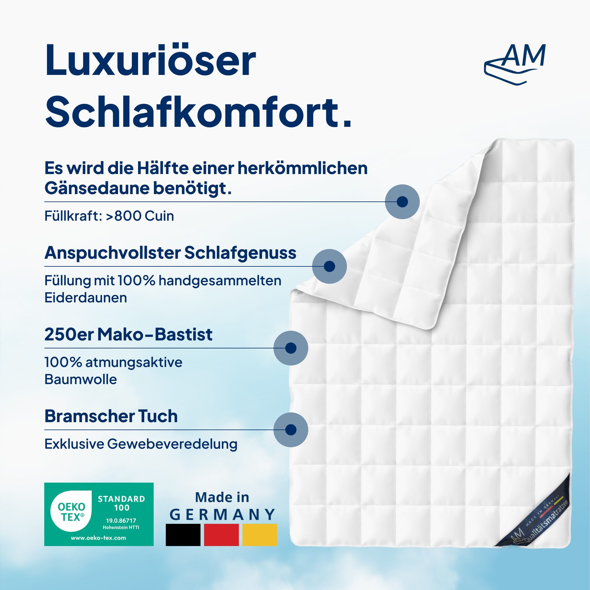 AM Qualitätsmatratzen Daunenbettdecke Premium Eiderdaunendecke, Bettdecke mit 100% Eiderdaunen, OEKO TEX, Füllung: 100% Eiderdaunen (Klasse 1), Bezug: Inlay aus Baumwolle, 240x220 cm, Eider