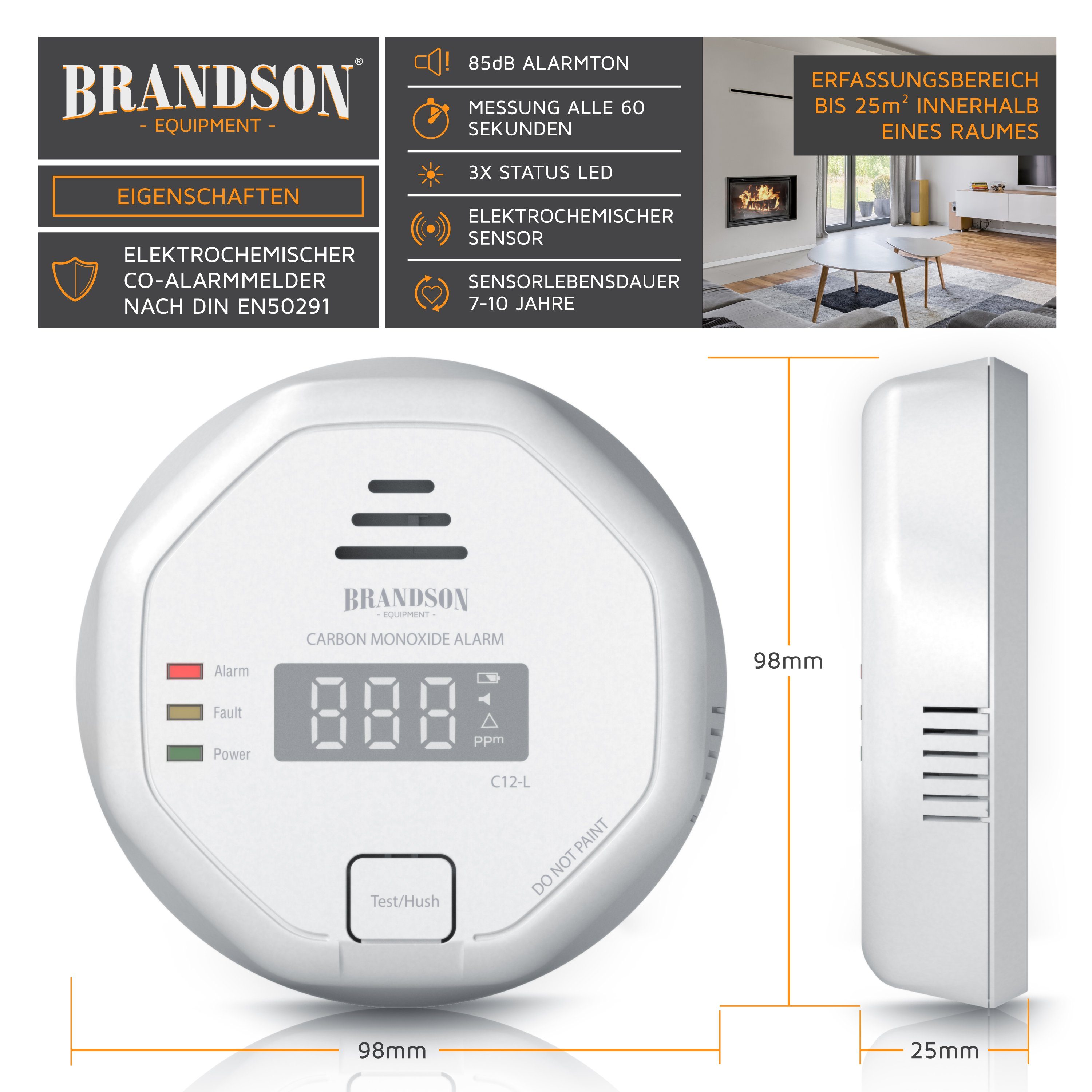 Brandson Kohlenmonoxid Melder mit LCD Display, CO Alarm, 7-10 Jahre Batterie CO-Melder (Warnmelder, Lauter Alarm 85 dB, Testschalter. DIN EN50291 Zertifiziert)