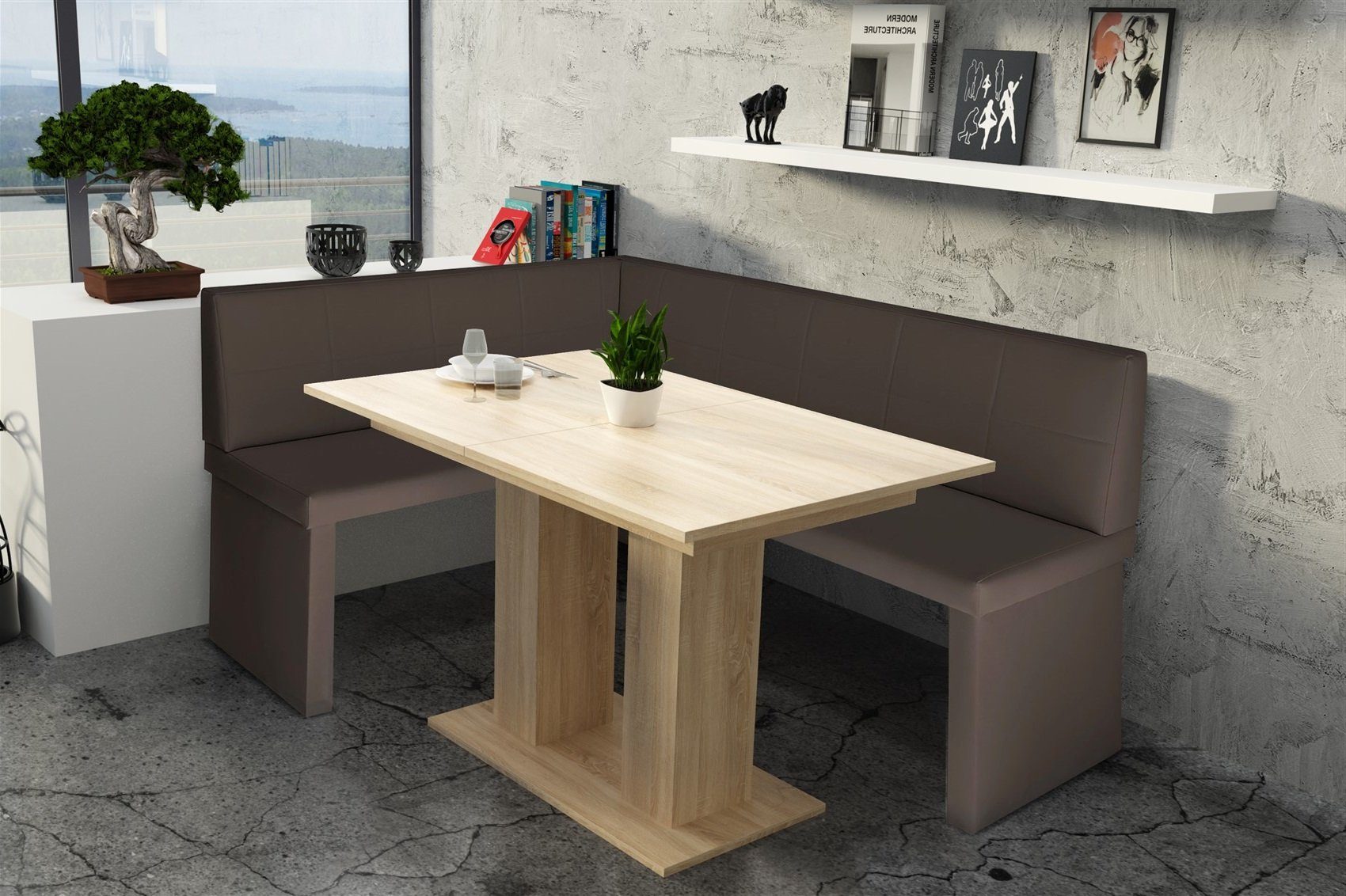 Tisch Eckbankgruppe ausziehbarer Fun XL Möbel Eiche, 196x142cm Kunstleder Tisch Robin mit Sonoma Braun Eckbankgruppe in
