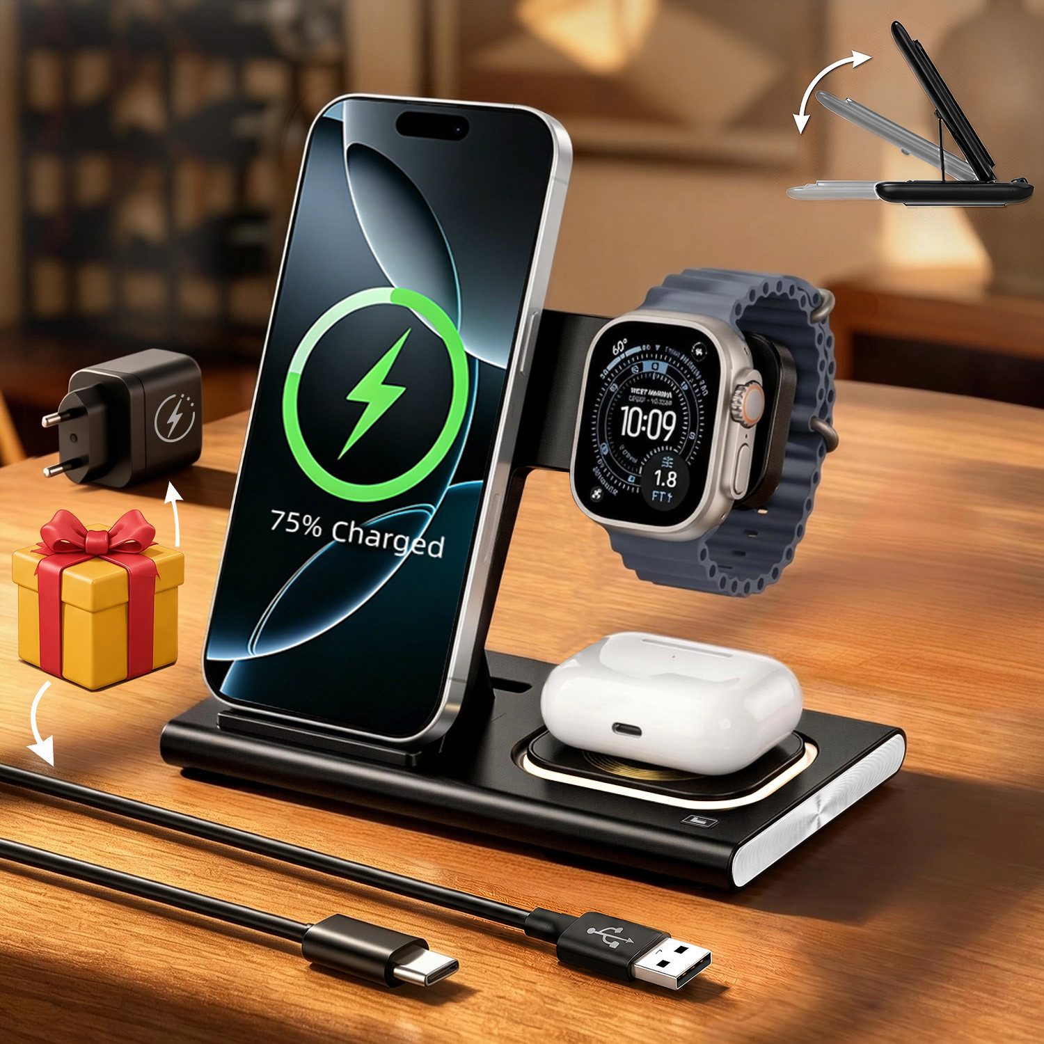 SWGOTA 2026 Ladestation Ladegerät Apple Samsung, 4 in 1 25W Induktive MagSafe Wireless Charger (4 in 1 iPhone Ladestation, 25W Wireless Charger, Qi 2.0 Schnellladung, Schnellladegerät für iPhone 8–17 Serie, Apple Watch, AirPods & Samsung)