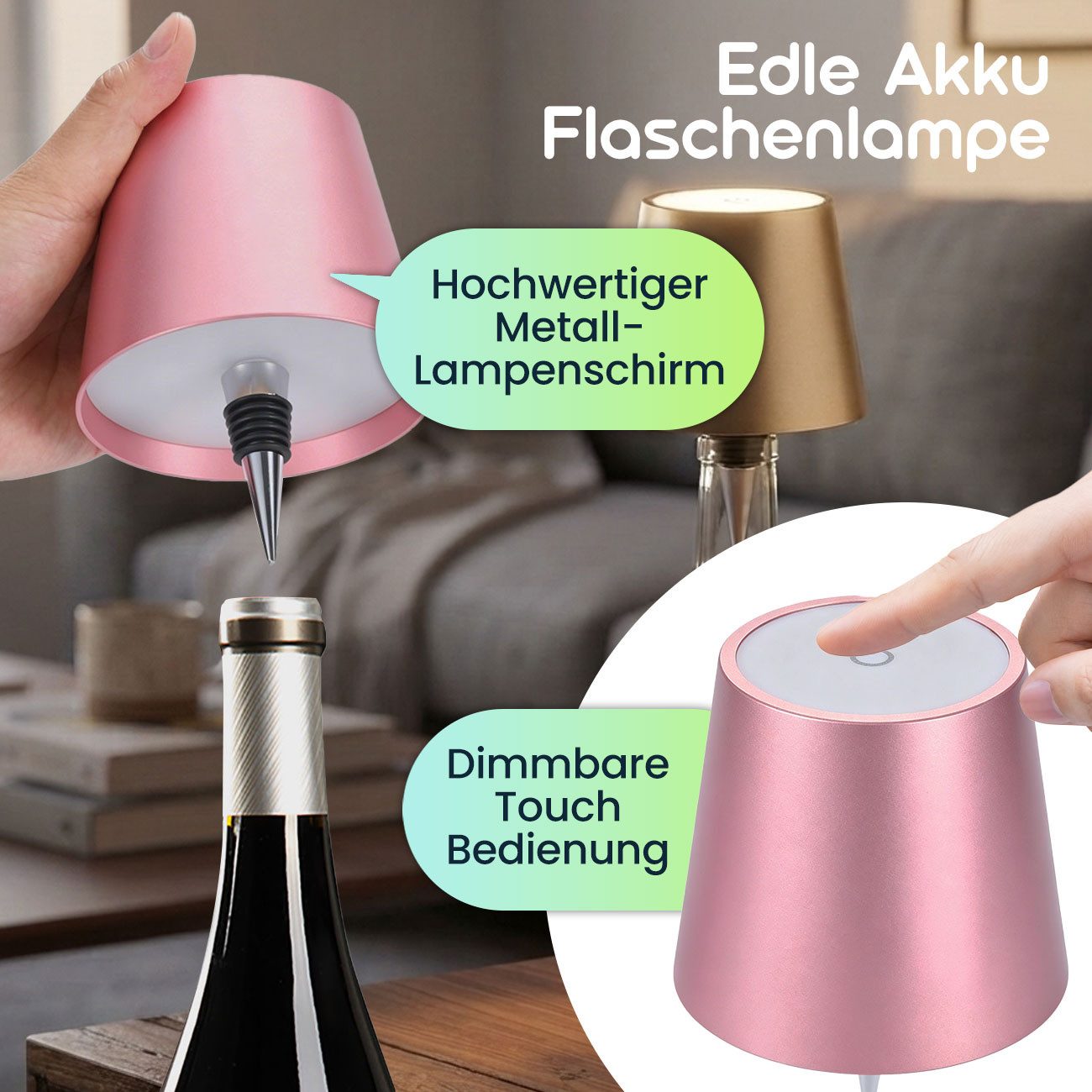 shop'n smile ideoon LED Tischleuchte Akku Flaschenlampe Rosegold Dimmbar LED Tischleuchte Touch USB-C, LEDs, Kaltweiß, Warmweiß, Neutralweiß / Naturweiß, Akku-Flaschenlicht 3 Lichtfarben, dimmbar, Touch, Metallschirm, USB-C