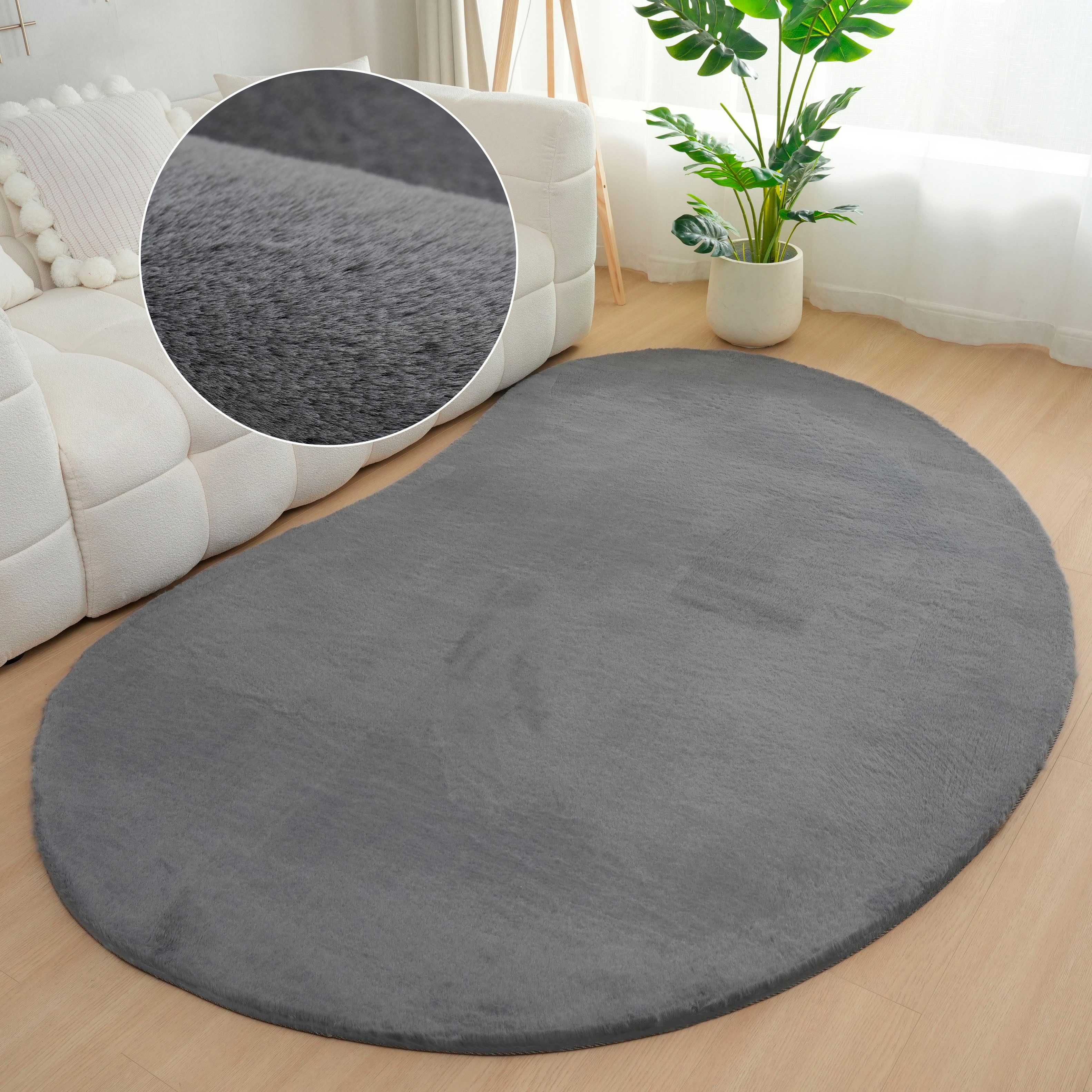 Bruno Banani Hochflor-Teppich Rabbit 2 Bean, Kunstfell Teppich, Modern, besondere Form, U-förmig, Höhe: 25 mm, Kaninchenfell-Haptik, Microfaser, Wohnzimmer, Schlafzimmer, Esszimmer