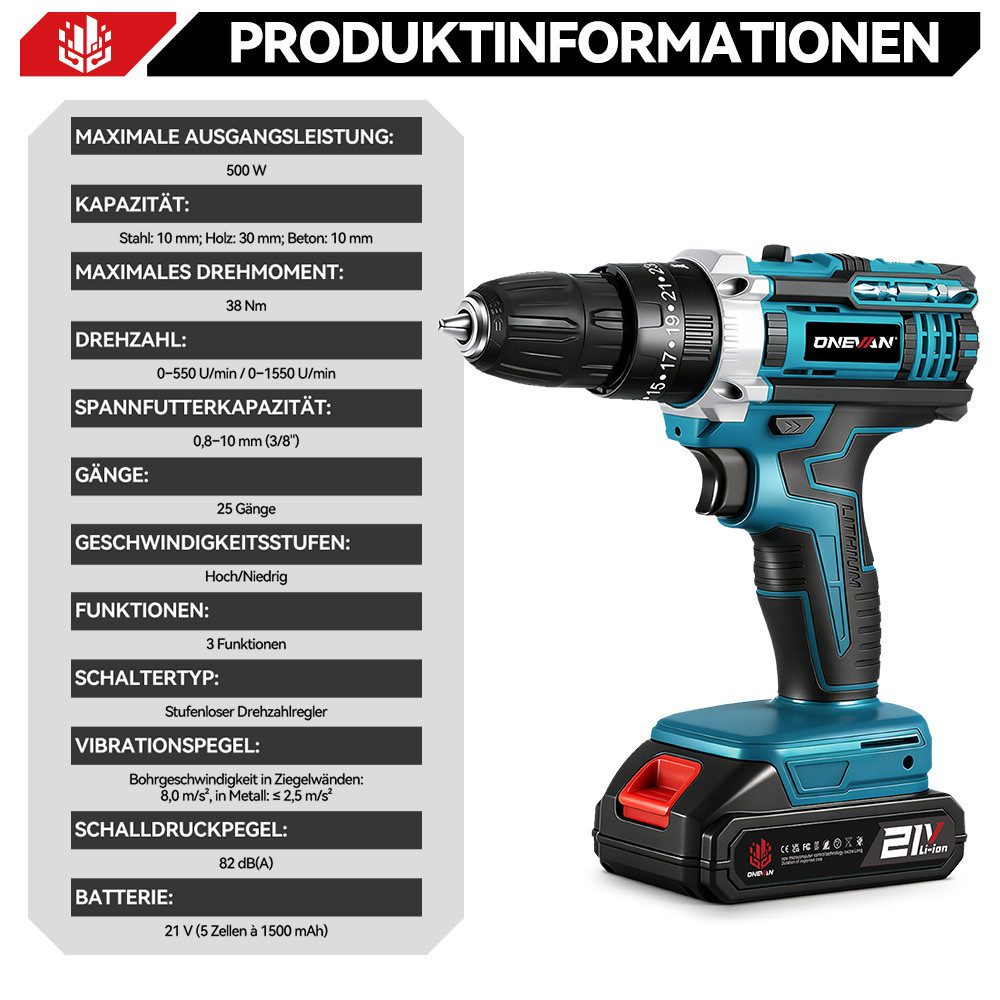 ONEVAN Akku-Bohrschrauber Akkuschrauber 21V Bohrschrauber Set, 25+1 Drehmomentstufen Akkubohrer, max. 1550 U/min, mit 2x Akkus 10mm Bohrfutter 24 Zubehör Traget – Bild 4 von 5