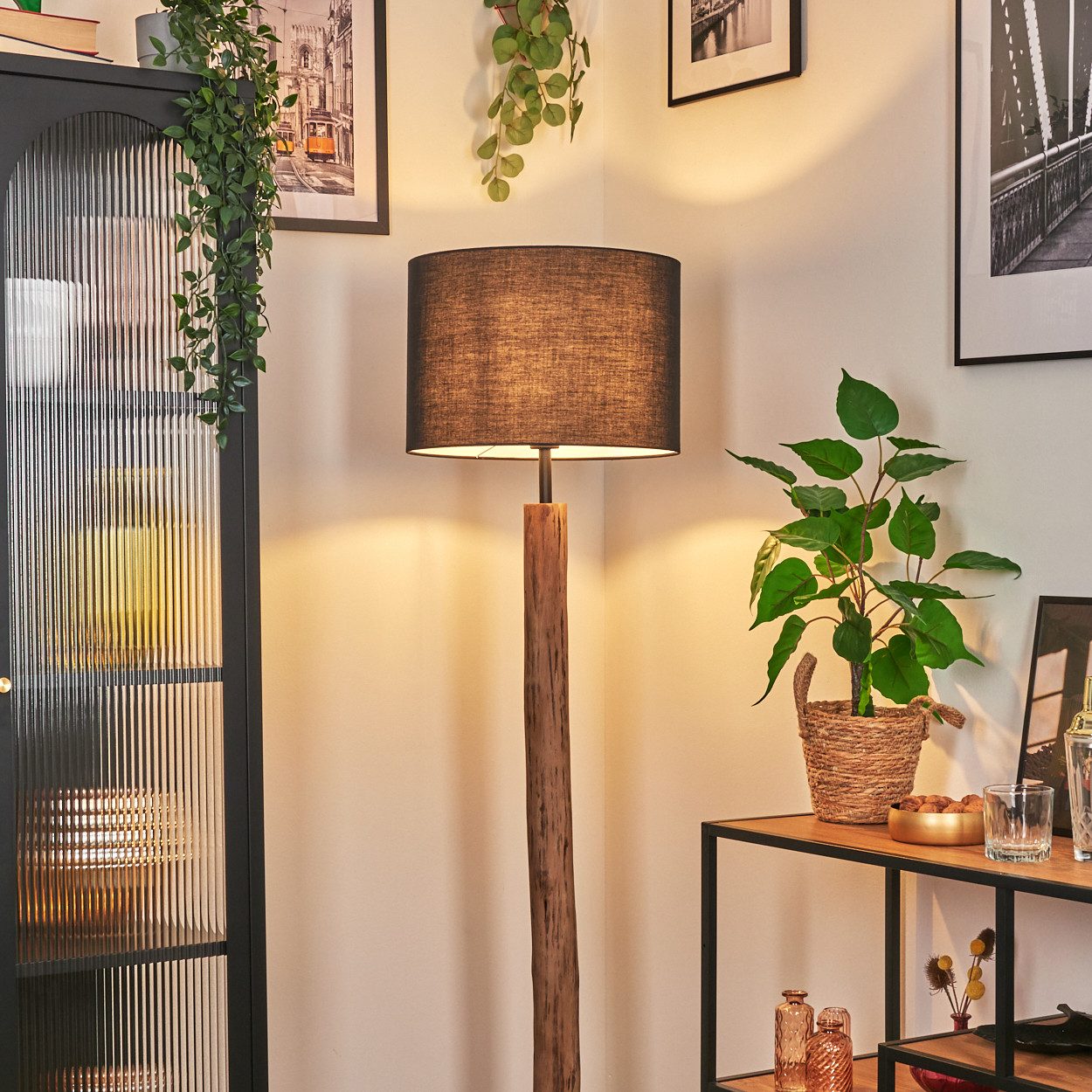 hofstein Stehlampe Stehlampe aus Holz/Metall im skandinavischen Design, Stehleuchte im Boho-Style, Stoffschirm Ø 40cm, E27, 159cm, Fußschalter