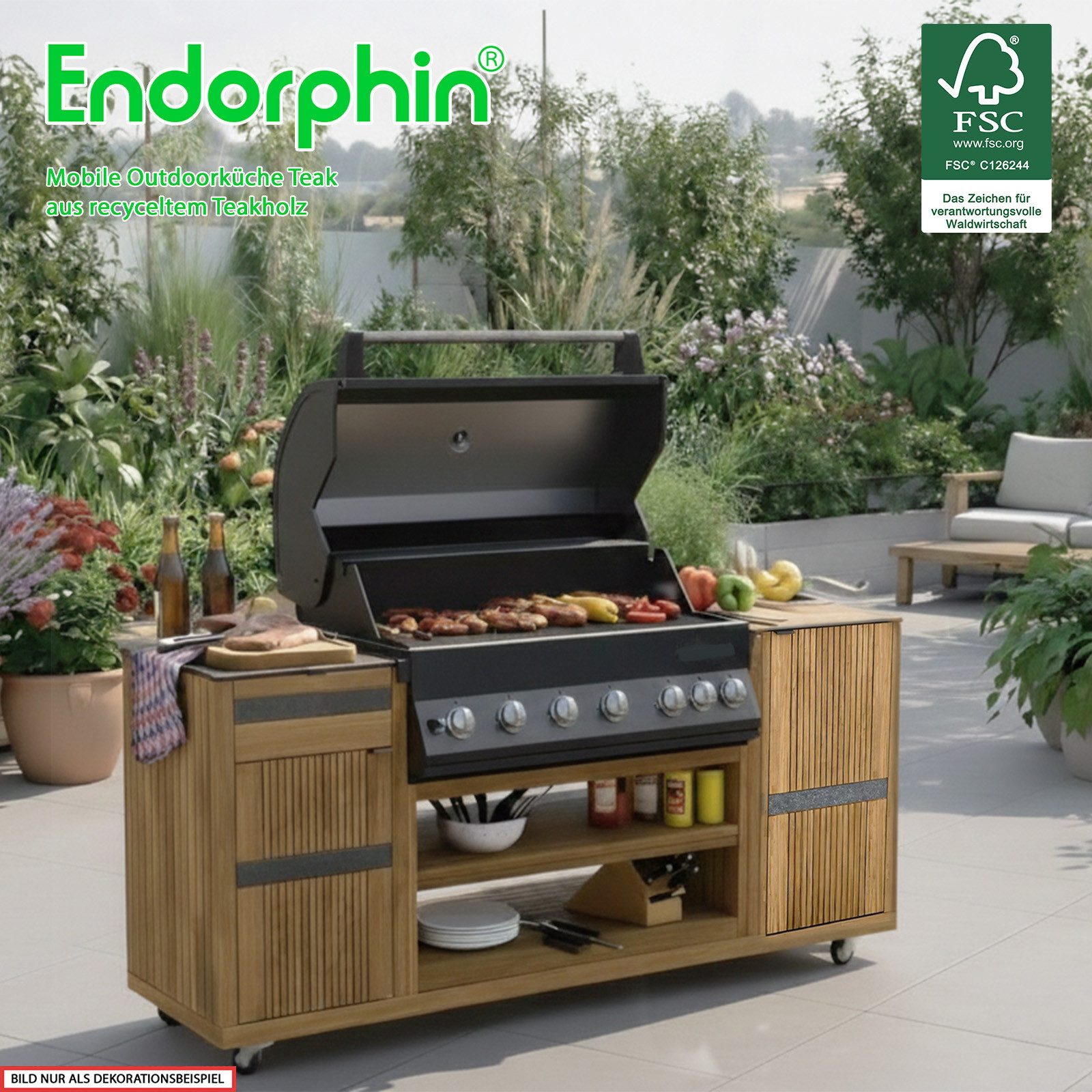 Endorphin Outdoor-Küche Outdoorküche Teak inkl. Merlin 641 Built- in Gasgrill schwarz