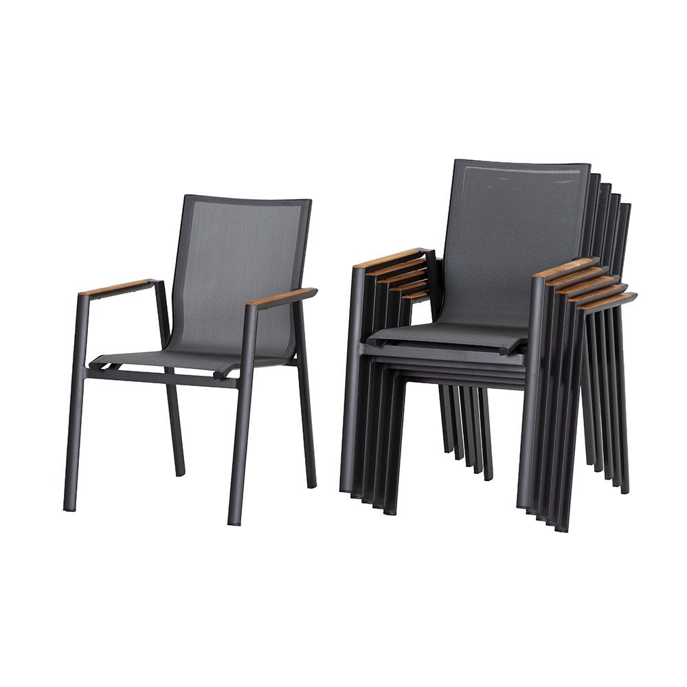 acamp Gartenstuhl, Stapelstuhl Set AURIS 6er Set stapelbare Edelstahl Sessel (atmungsaktives Acatex Gewebe wetterfest belastbar bis 120 kg), Edelstahl Gartenstuhl schwarz mit Polywood Armlehnen