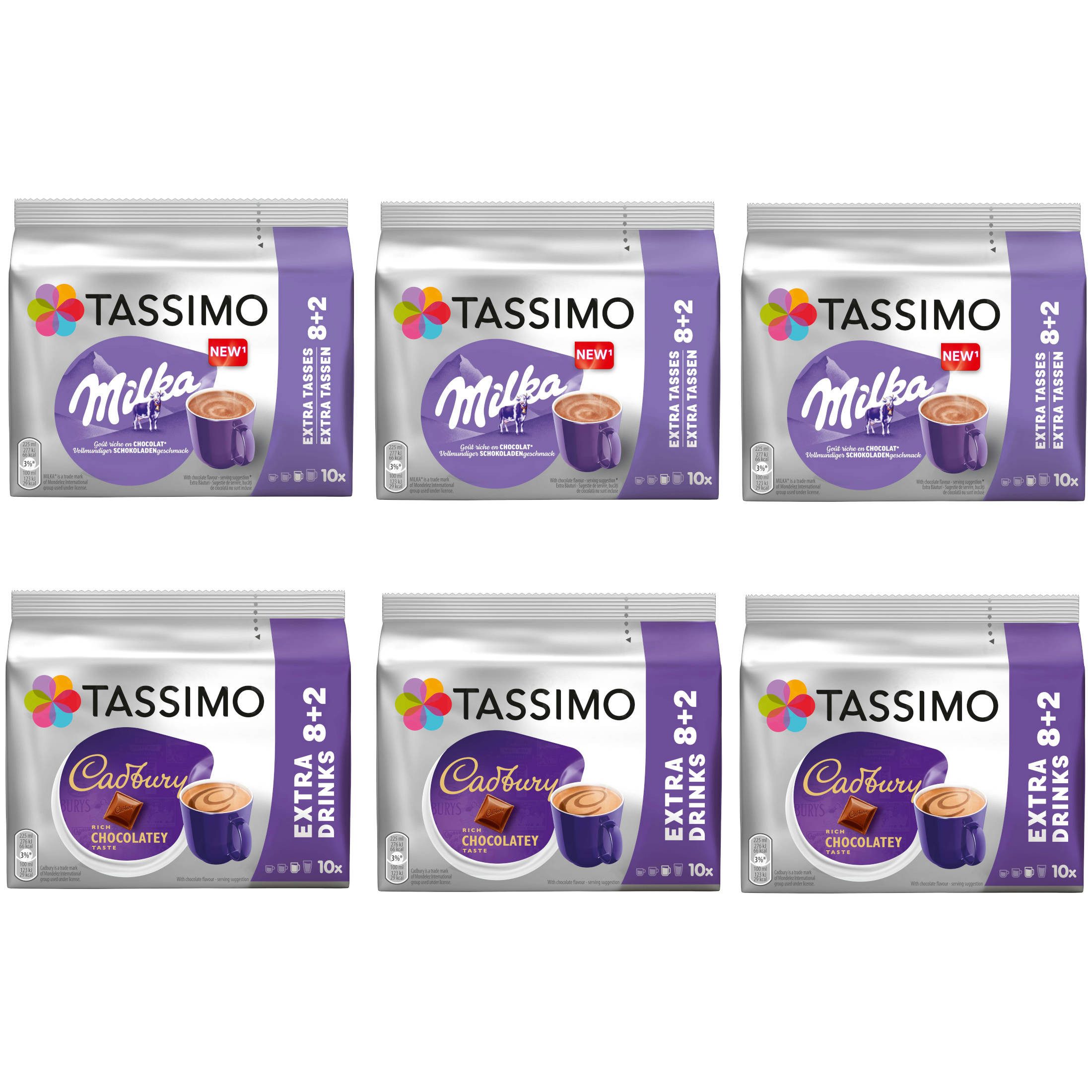 TASSIMO Kaffee Kapseln Heiße Schokolade Paket 3x Milka + 3x Cadbury - 60 Getränke, (Packung, 6er Pack)