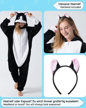 Corimori Partyanzug Flauschiges Katzen-Kostüm für Erwachsene mit Haarreif,  Karneval Kostü, Jumpsuit, Pyjama, Fasching, Kigurumi, Tierkostüme, Katze "Balou"