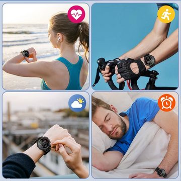 HYIEAR Smartwatch für Damen und Herren, wasserdichte Bluetooth-Kopfhörer 5.3 Smartwatch, mit austauschbaren Armbändern, Ladekabeln Drei Paar Ohrstöpsel x, Sportarmband