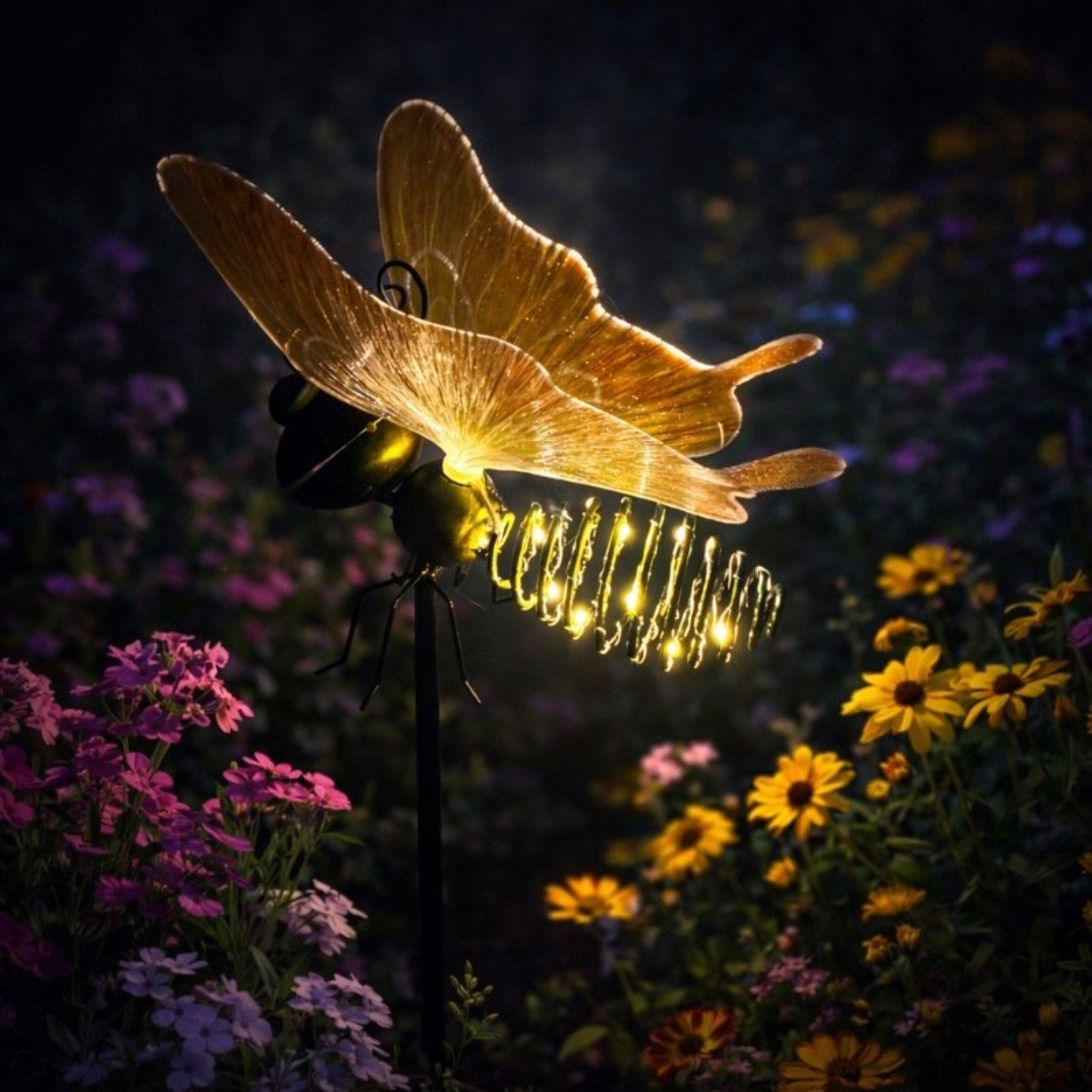 Online-Fuchs Gartenstecker - LED-Solarleuchte Schmetterling mit Lichterkette für außen (12 warmweiße LEDs, Deko Gartenfiguren) aus Metall gefertigt - ca. 93 cm groß - Gartendeko