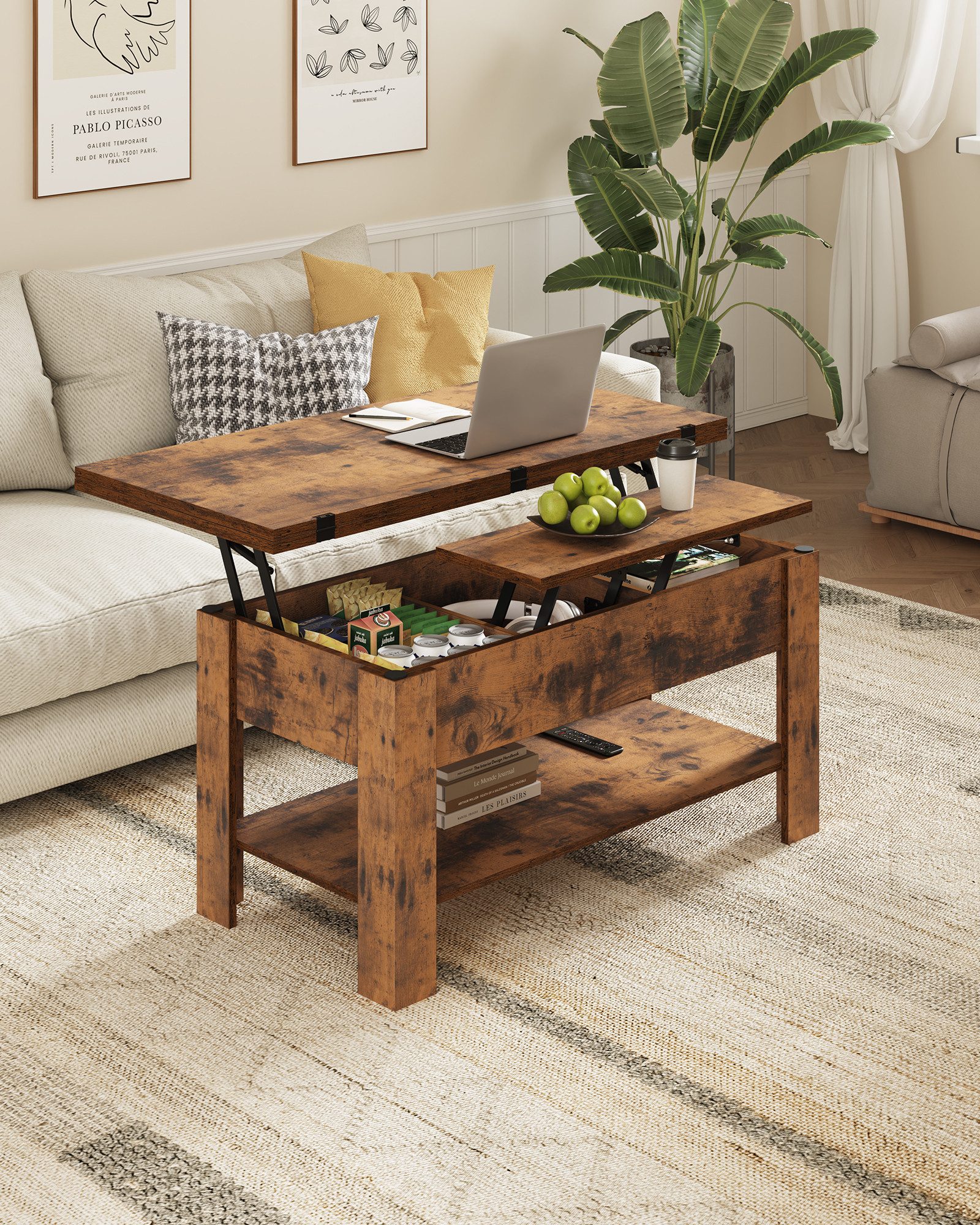 MSMASK Couchtisch Höhenverstellbarer Kaffeetisch mit Verstecktem Stauraum, günstig online kaufen