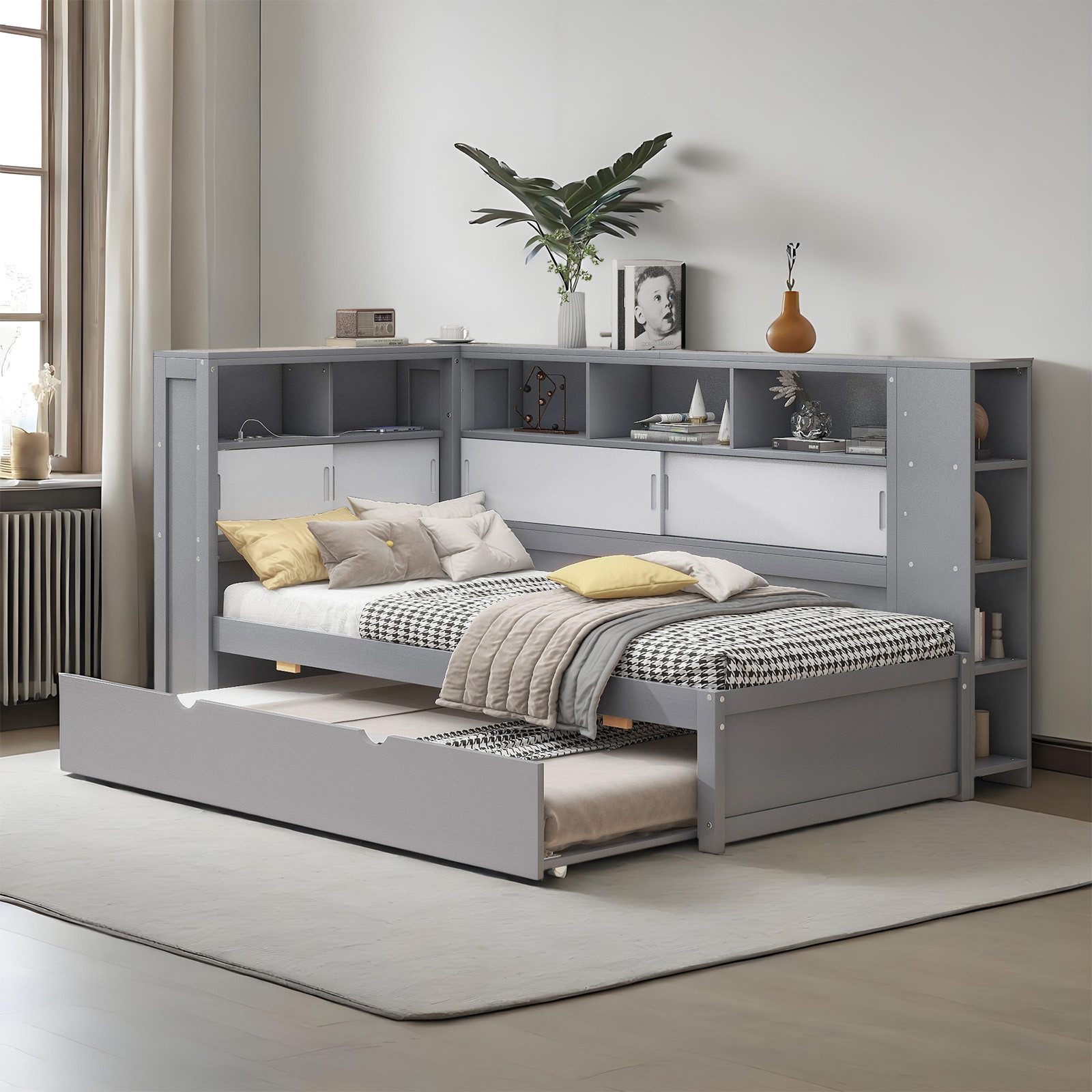 REDOM Stauraumbett Kinderbett mit Ausziehbett, Plattformbett mit Staufach mit USB (Multifunktionales Daybett Tagesbett Schlafsofa, ideal für Kinder- und Gästezimmer 90x200cm(90x190cm), ohne Matratze