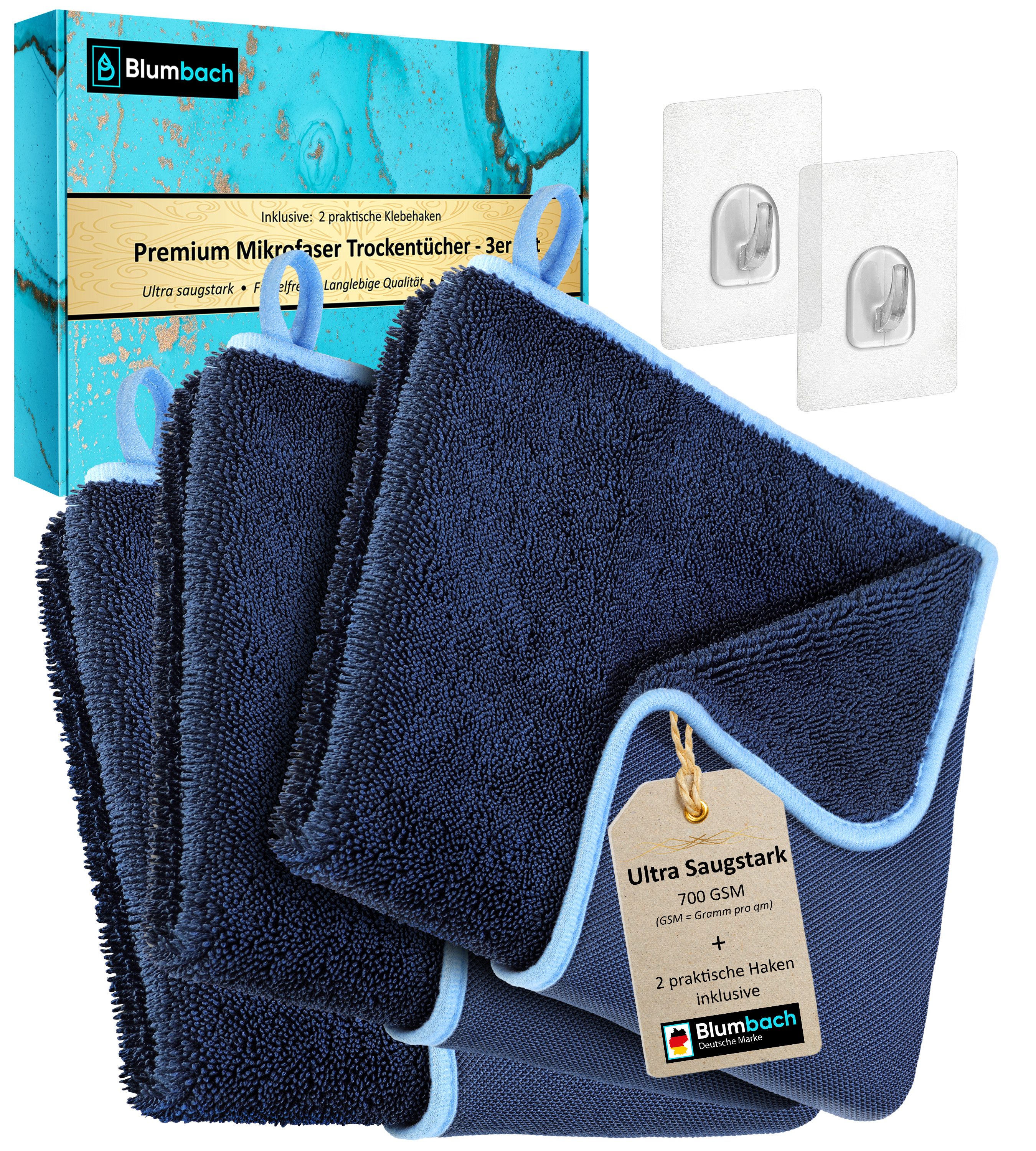 Blumbach Trockentuch Dusche & Auto 700 GSM, Mikrofasertuch (40x40 cm, 2er oder 3er Set inkl. 2 Klebehaken, 3-tlg., Microfaser Trockentuch Auto, Inkl. 2 Klebehaken, Fast Dry Microfaser Putztuch)