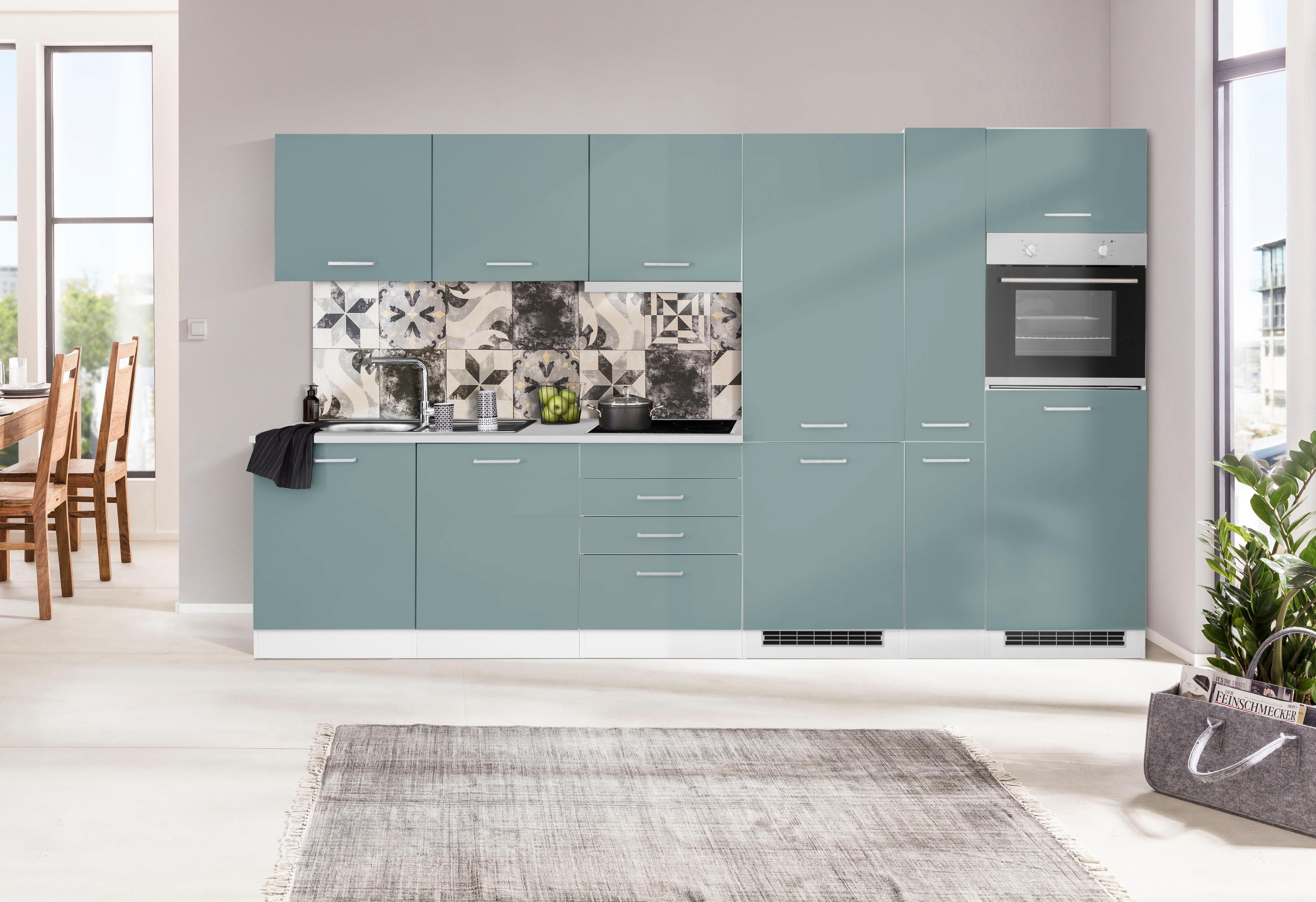 HELD MÖBEL Küchenzeile Visby, mit E-Geräten, 330 cm,inkl.  Kühl/Gefrierkombination und Geschirrspüler, Schränke können wahlweise  rechts- wie linksseitig gestellt werden