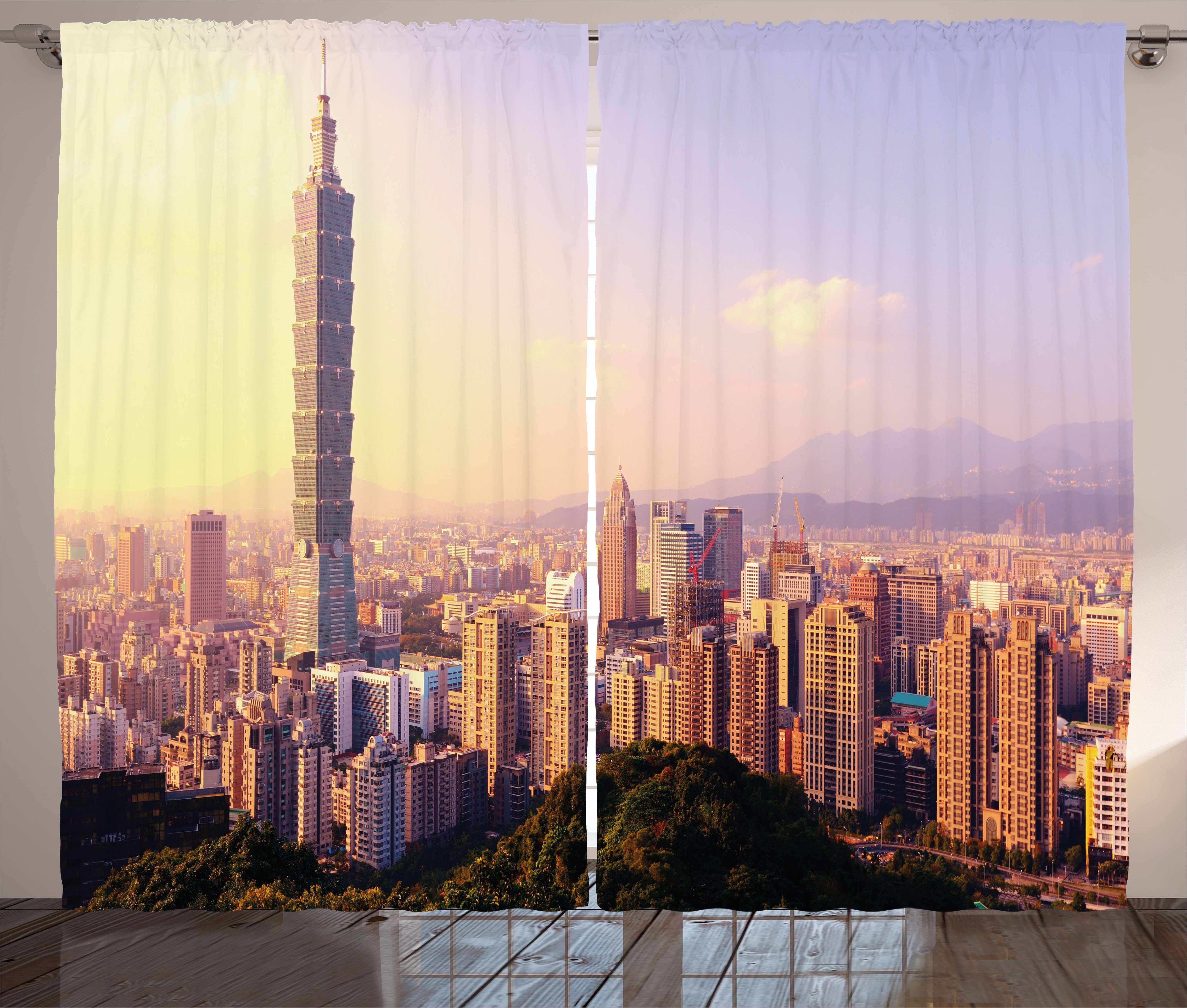 Gardine Schlafzimmer Kräuselband Vorhang Schlaufen Haken, Taipei Abakuhaus, Taiwan Skyline und mit Landschaft