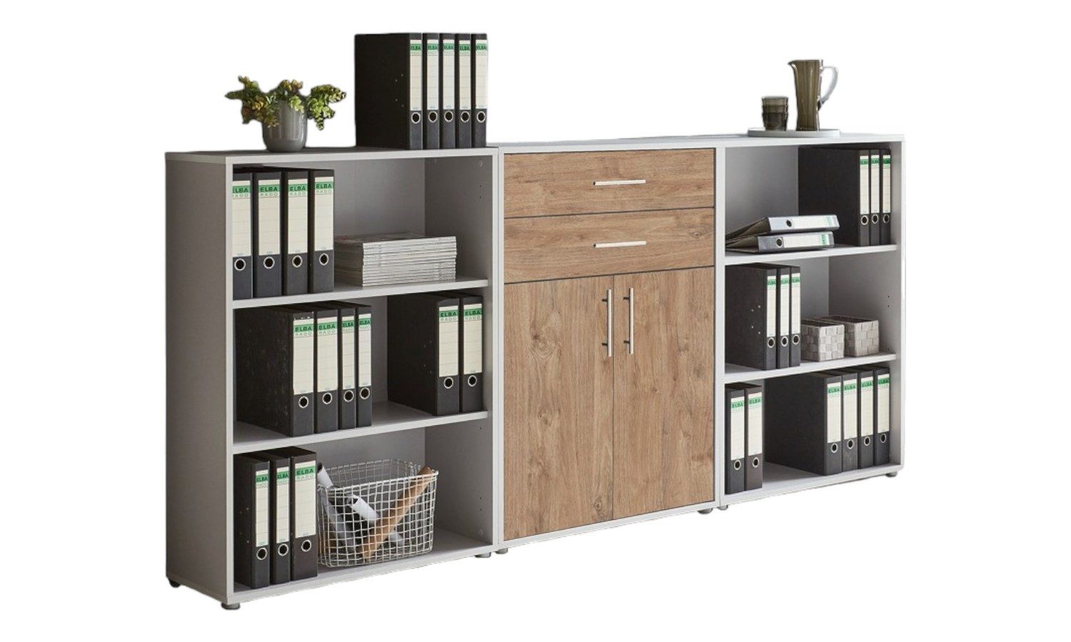 BMG Möbel Aktenschrank Office Edition Schrankwand 14 (3-teiliges Büro-Set, 2x Regal und Schubkastenschrank) Fronten Matt oder Glanz lackiert wählbar, Made in Germany