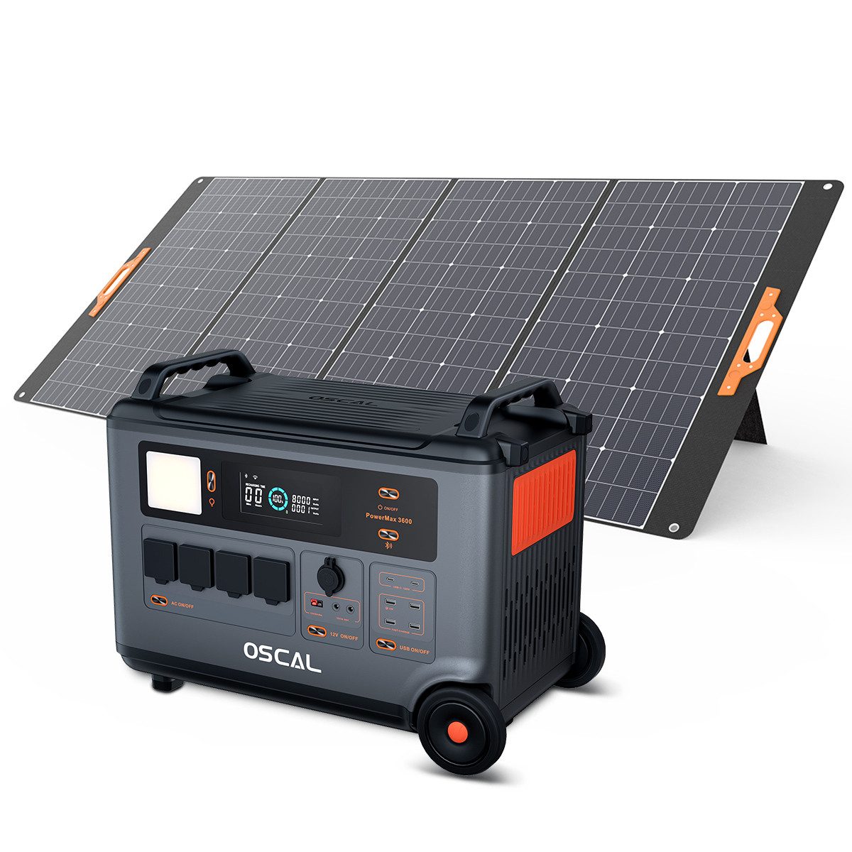 OSCAL Генератори PowerMax 3600W/6000W Powerstation+PM 400W Solarpannel, 3,60 in kW, 3600Wh, LiFePO4 Solarspeicher