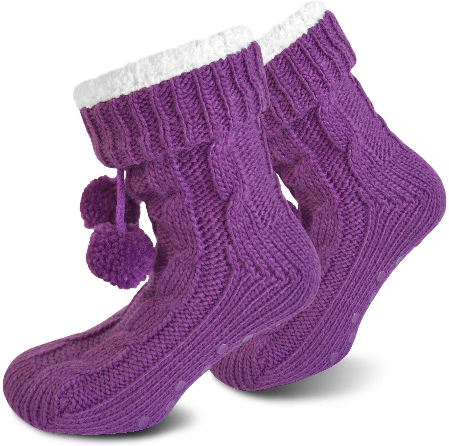 normani Kuschelsocken Strick-Hausschuhe mit Bommeln und ABS (1 Paar) dickes, kuscheliges Futter Lila