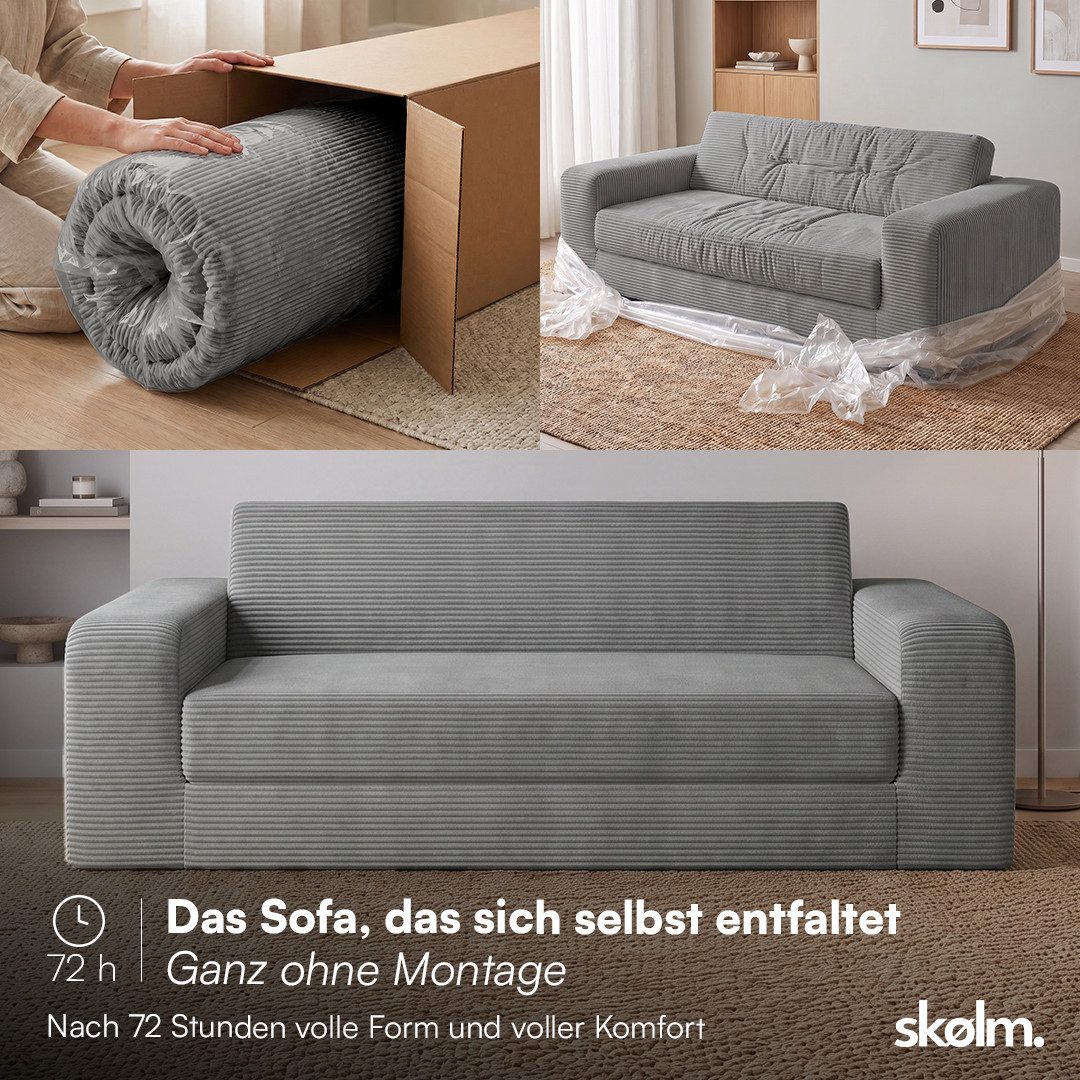 skølm Schlafsofa Laga aus Cord, Sofa 2 Sitzer mit Armlehnen, als Gästebett nutzbar, Dunkelgrau, ausklappbare Schlafcouch 186x135 cm, vakuumiert – ohne Aufbau – Bild 4 von 5
