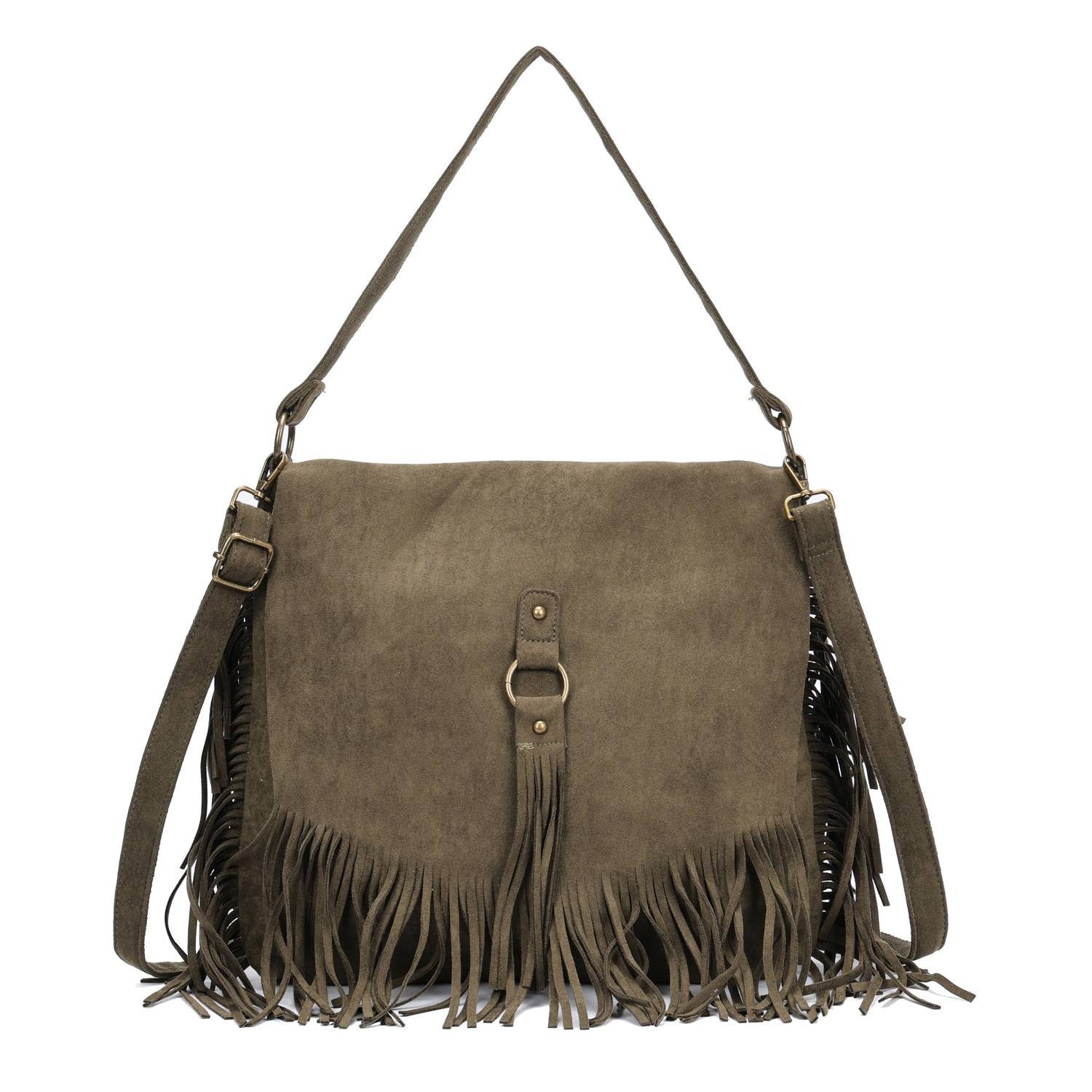 ITALYSHOP24 Schultertasche Damen Shopper Tasche Umhängetasche Fransen Boho Crossbody Reise Bag, Samt Messenger Hobo Bag Velour Leder Optik City Beutel Henkel, leicht