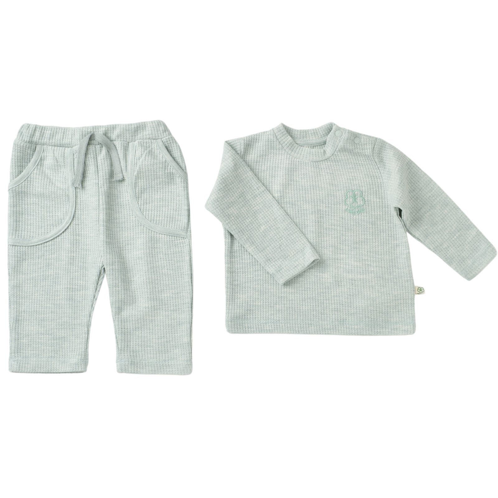 biorganic Schlafanzug Shirt & GOTS-zertifiziert Langarmshirt Set grün Bio-Baumwolle, tlg., und 2 In Waffle-Struktur, Waffle Unisex Jungen Hose + für Mädchen Baby Nature (Pyjama-Set, Hose) 100