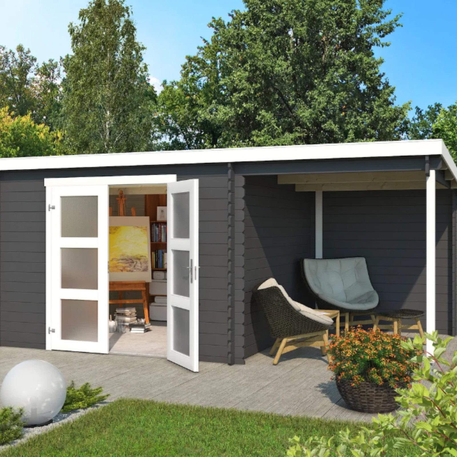 LASITA MAJA Gartenhaus Gartenhaus Blockbohlenhaus, Geräteschuppen, Gartenhütte,Holzhaus, BxT: 501x319 cm, Wetterfest, langlebig und in elegantem Carbongrau behandelt