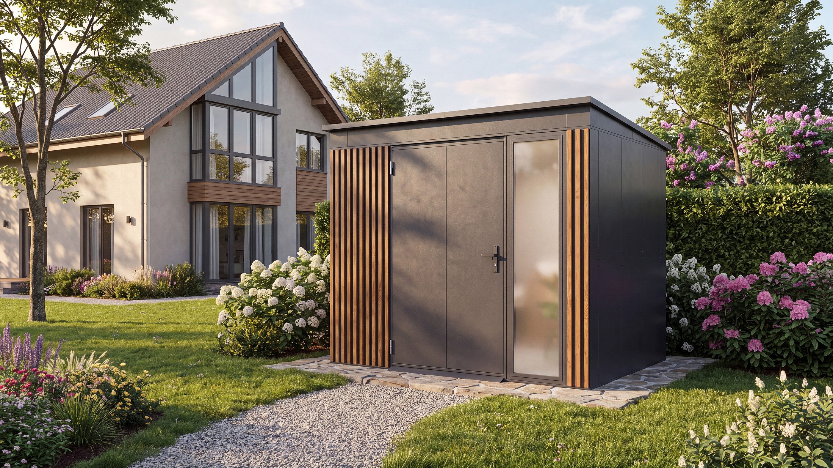 weka Gerätehaus Gary Gr. 5, aus Metall mit Holzoptik, anthrazit, BxT: 241,9x198 cm, aus pulverbeschichtetem, verzinktem Stahl