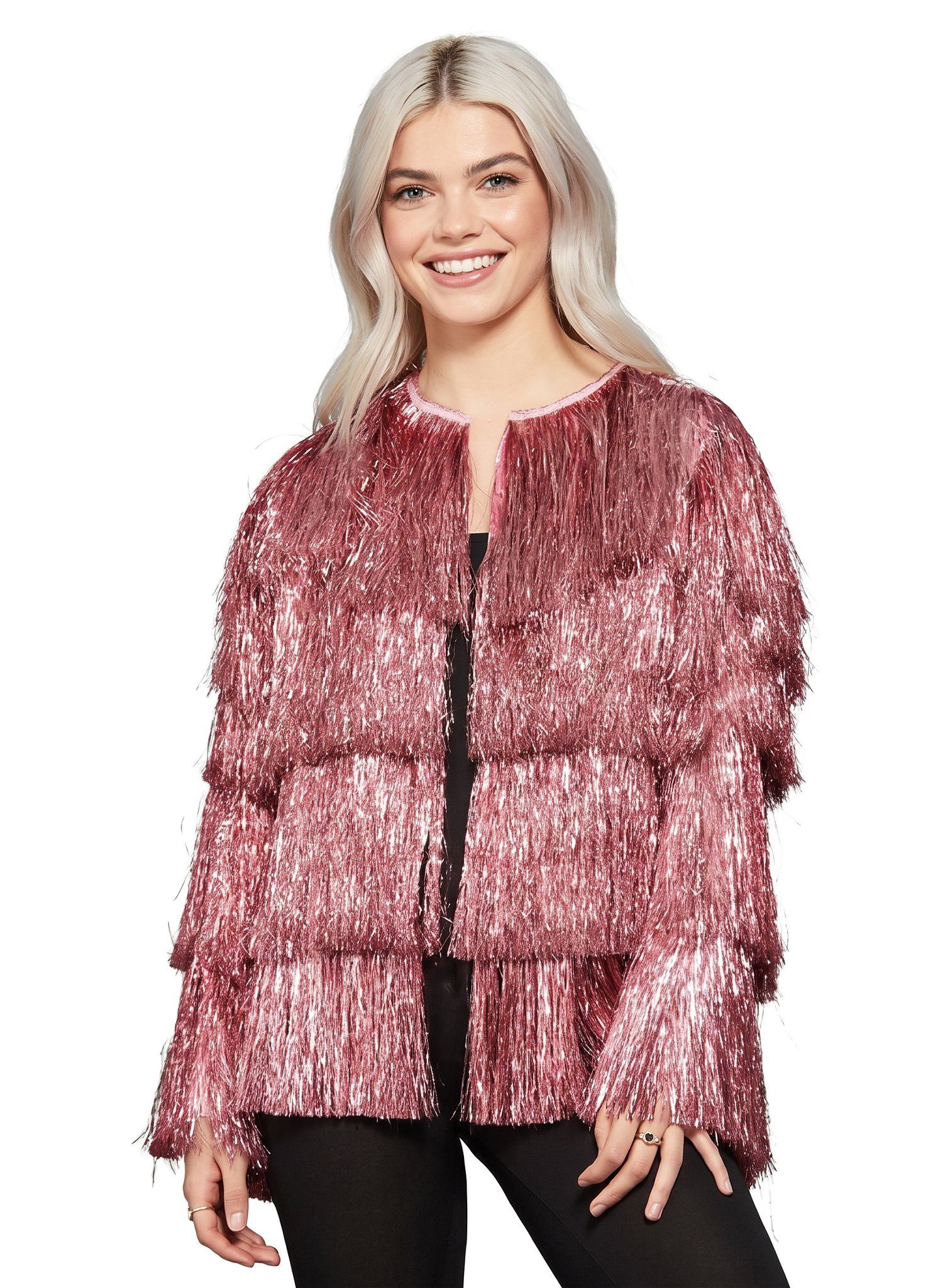 Smiffys Kostüm Lametta Festivaljacke pink, Knallbunte Jacke mit metallischen Fransen