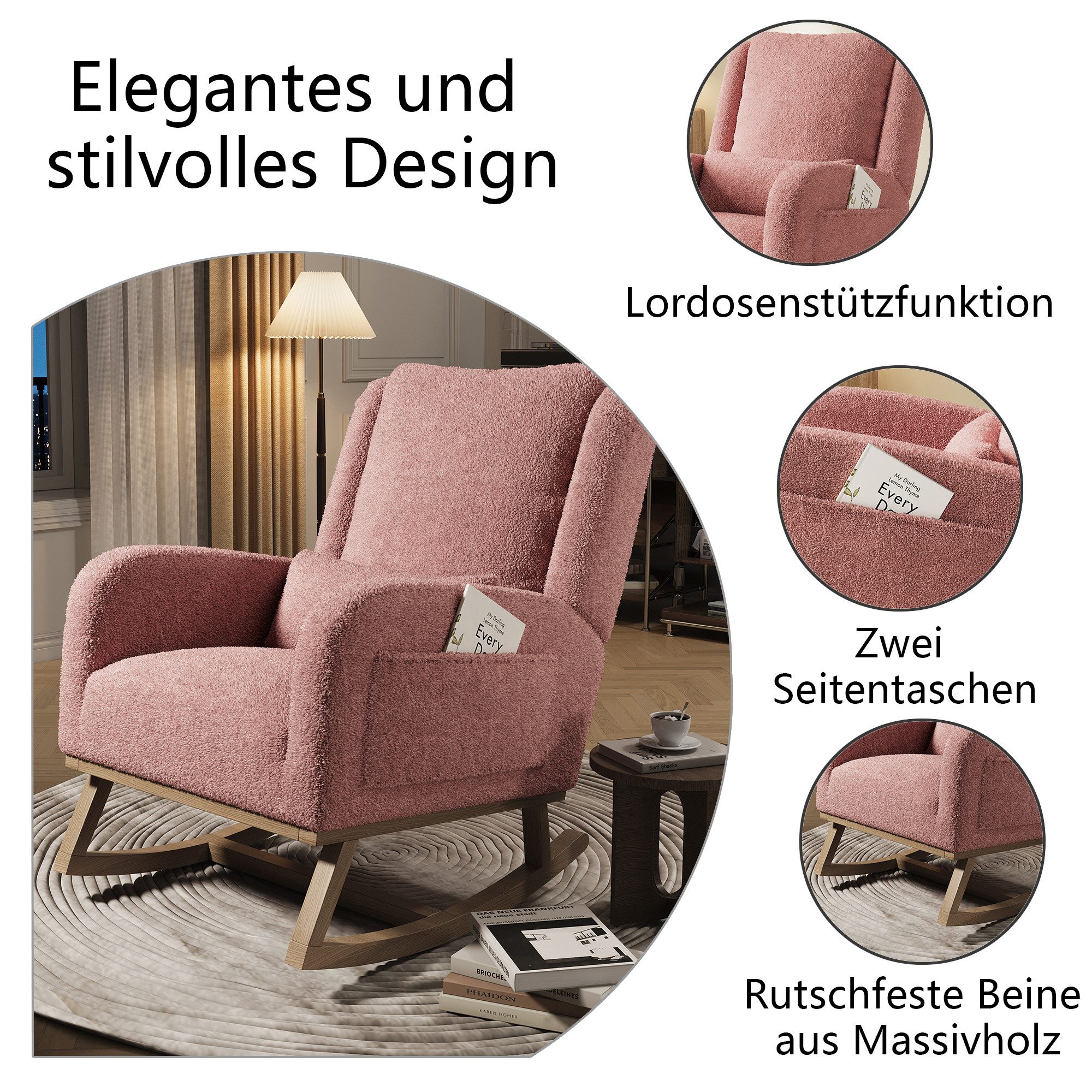 FUROKOY Schaukelstuhl Schaukelsessel mit Holzsockel und Rückenlehne (Set, 1 St), 2 Seitentaschen,1 Lendenkissen,Teddysamt,Rosa