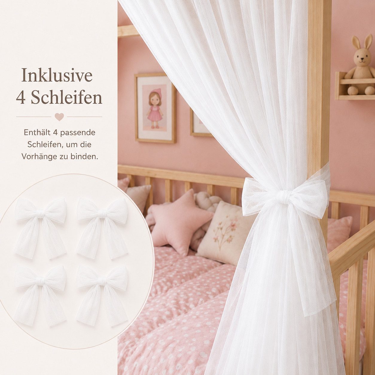 Baby Fancyroom Betthimmel Betthimmel Tüll Hausbett Kinderbett 2 Stück 340cm 380cm Montessori (3-tlg. Set mit 2x Betthimmel und einer 20er Pomponkette, Baldachin, Kinder Betthimmel Baldachin Himmel Deko Set), Betthimmel für Hausbett Montessori