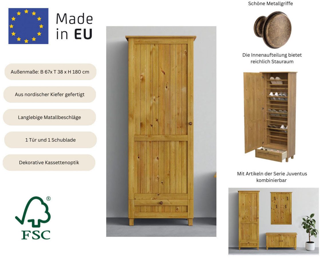 OTTO home Schuhschrank Juventus (1-St) aus massiver Kiefer, Breite 67cm, Höhe 180 cm