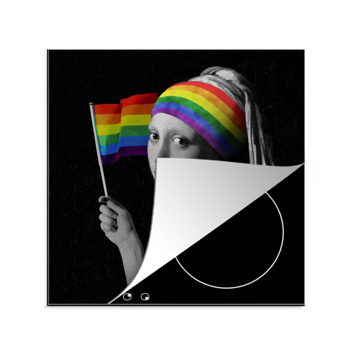 MuchoWow Herdblende-/Abdeckplatte Das Mädchen mit dem Perlenohrring - Pride Flag - Regenbogen, Vinyl, (1 tlg), 78x78 cm, Ceranfeldabdeckung, Arbeitsplatte für küche
